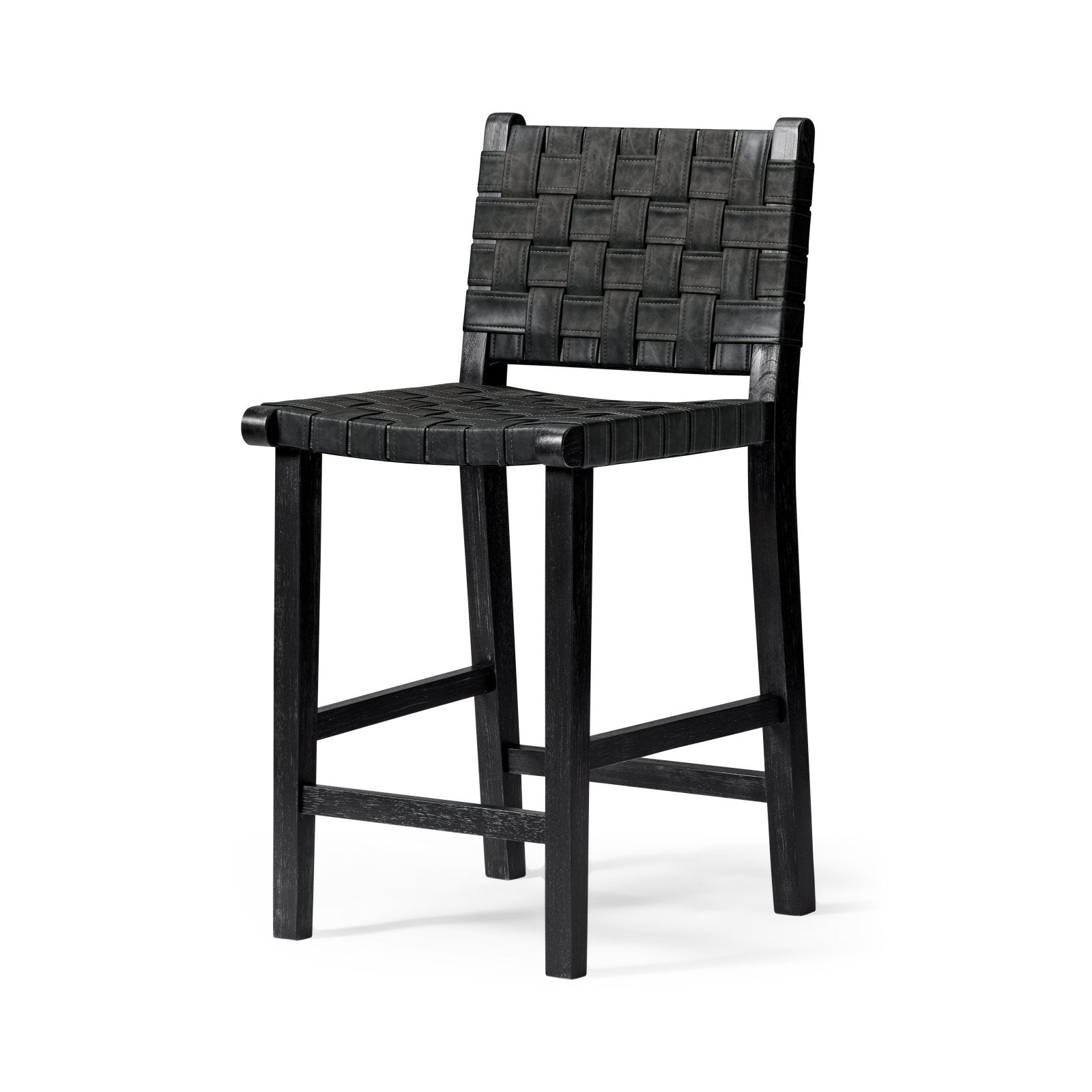 Noah Counter Stool In Black Finish & Dark Grey Woven Faux Leather Seat in Stools by Maven Lane