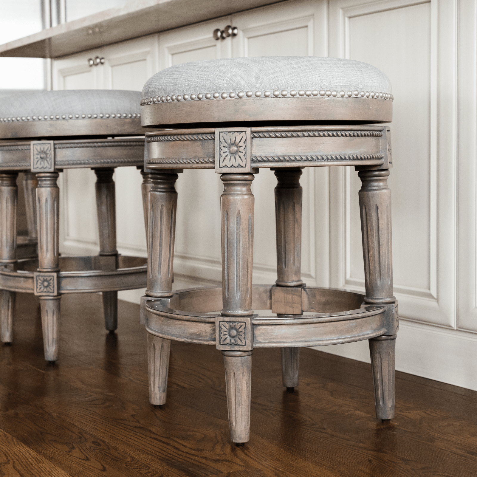 26" Pullman Backless Counter Stool in Reclaimed Oak Finish with Ash Grey Fabric Upholstery in Stools by Maven Lane
