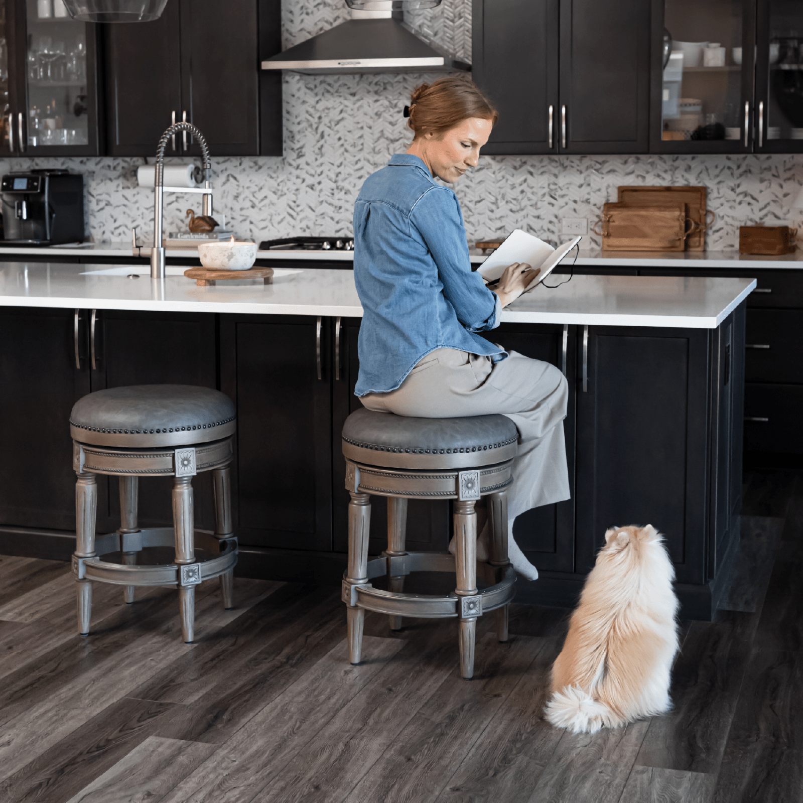 26" Pullman Backless Counter Stool in Grey Finish with Grey Faux Leather (Set of 4) in Stools by Maven Lane