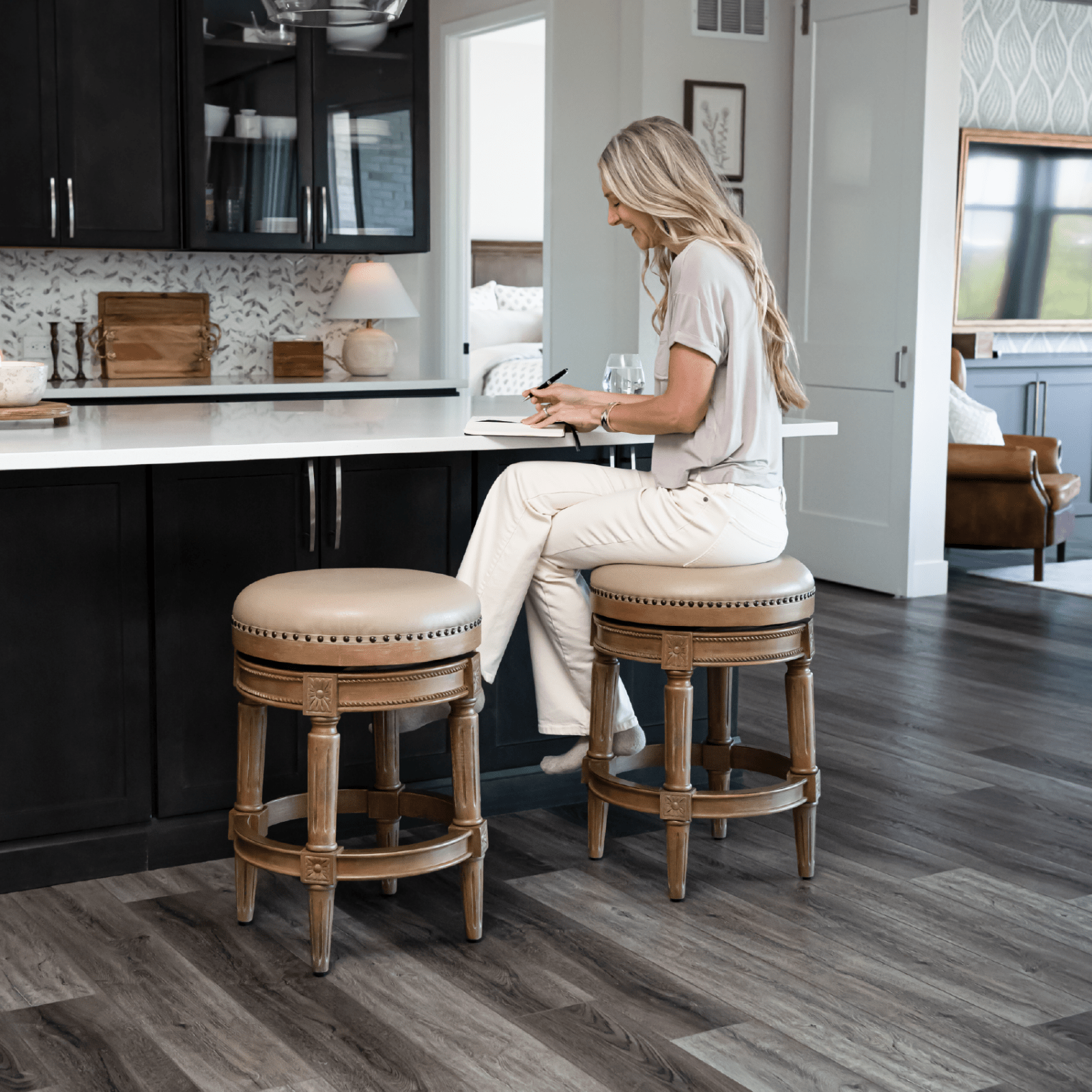 Pullman Backless Counter Stool in Light Brown Finish with Beige Faux Leather in Stools by Maven Lane