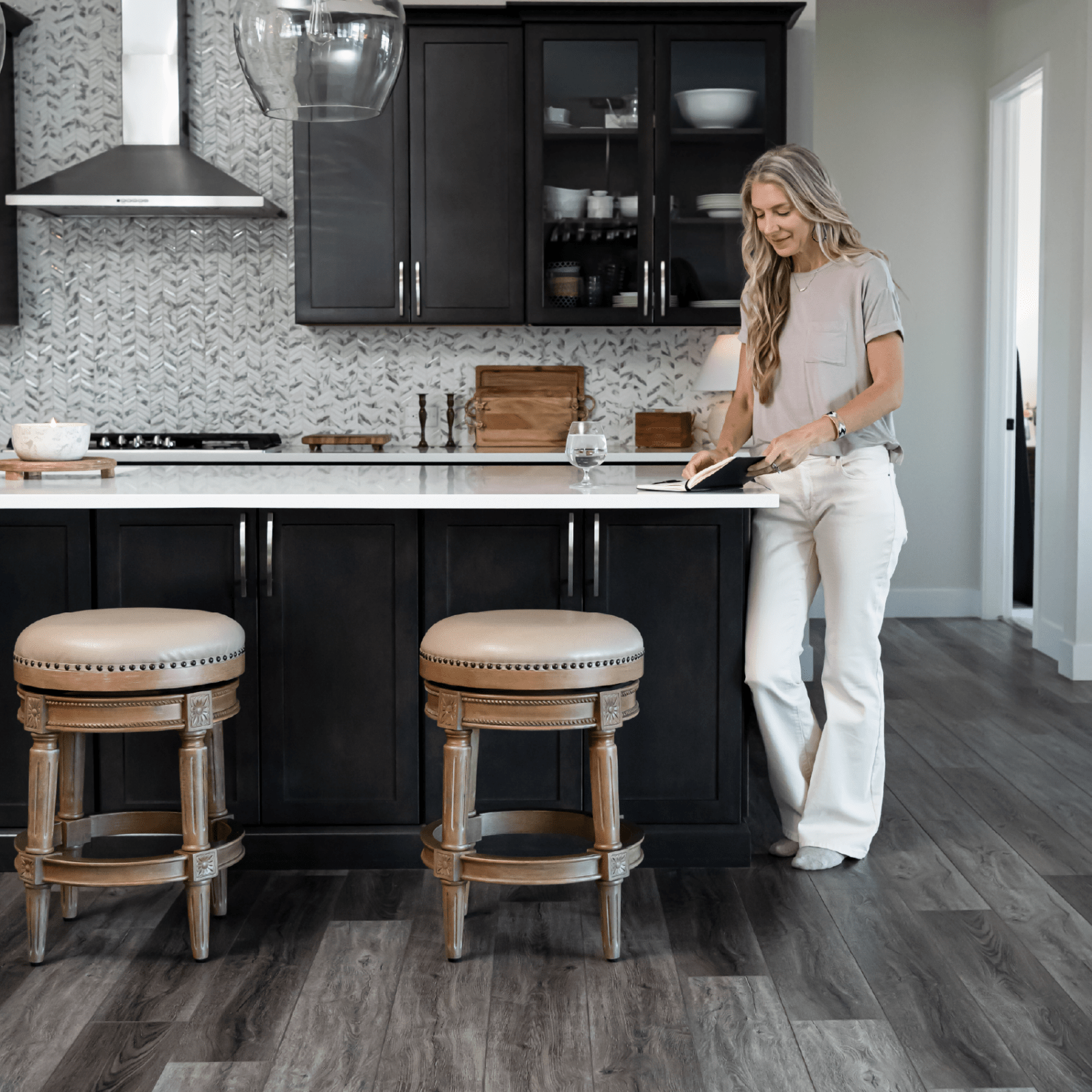 26" Pullman Backless Counter Stool In Weathered Oak Finish With Avanti Bone Vegan Leather in Maven Lane by Maven Lane