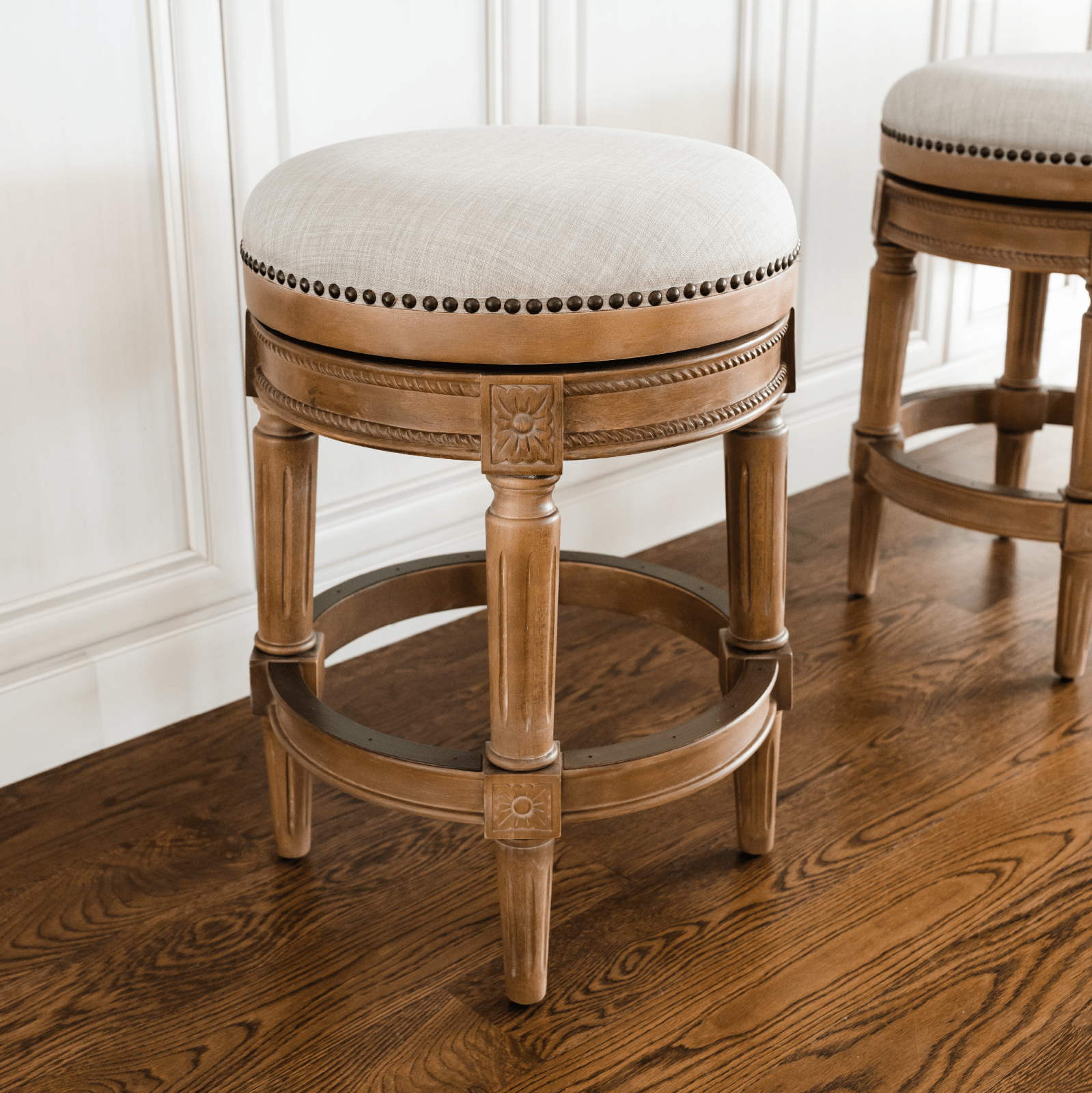 Pullman Backless Counter Stool in Natural Finish with Light Grey Fabric in Stools by Maven Lane