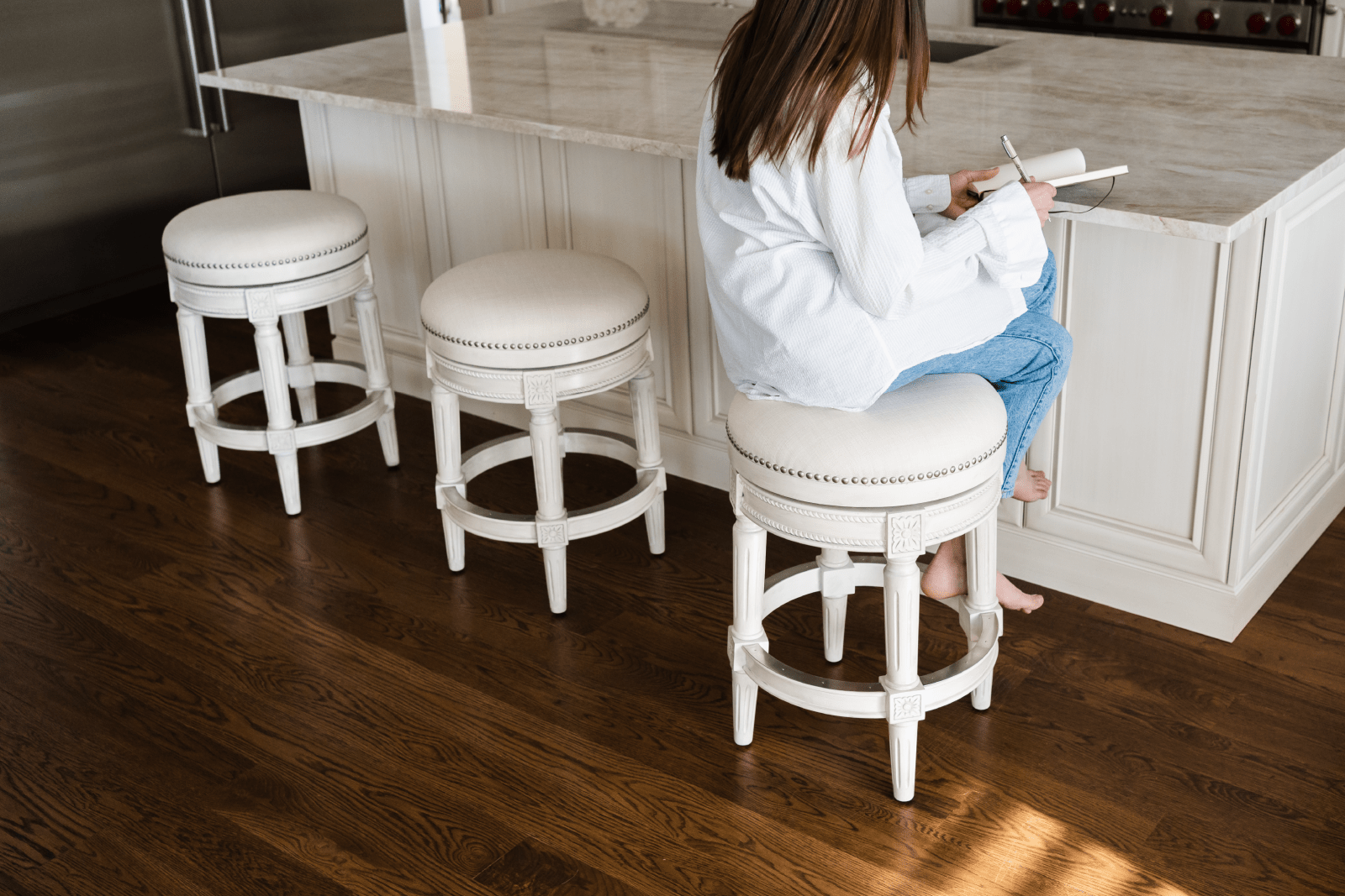 26" Pullman Backless Counter Stool in White Oak Finish with Natural Fabric Upholstery in Stools by Maven Lane