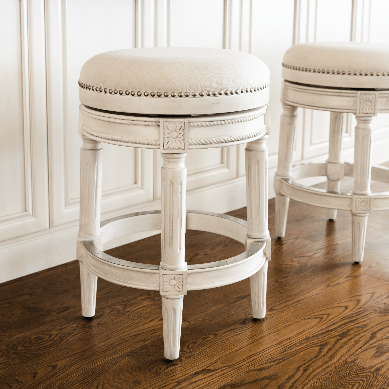 26" Pullman backless swivel counter height kitchen stool - white oak finish w/ natural fabric upholstery in Stools by Maven Lane
