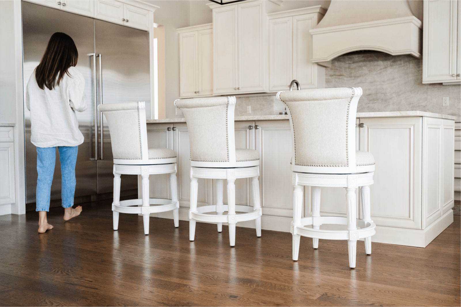 26" Pullman Counter Stool in Alabaster White Finish with Cream Fabric Upholstery in Stools by Maven Lane