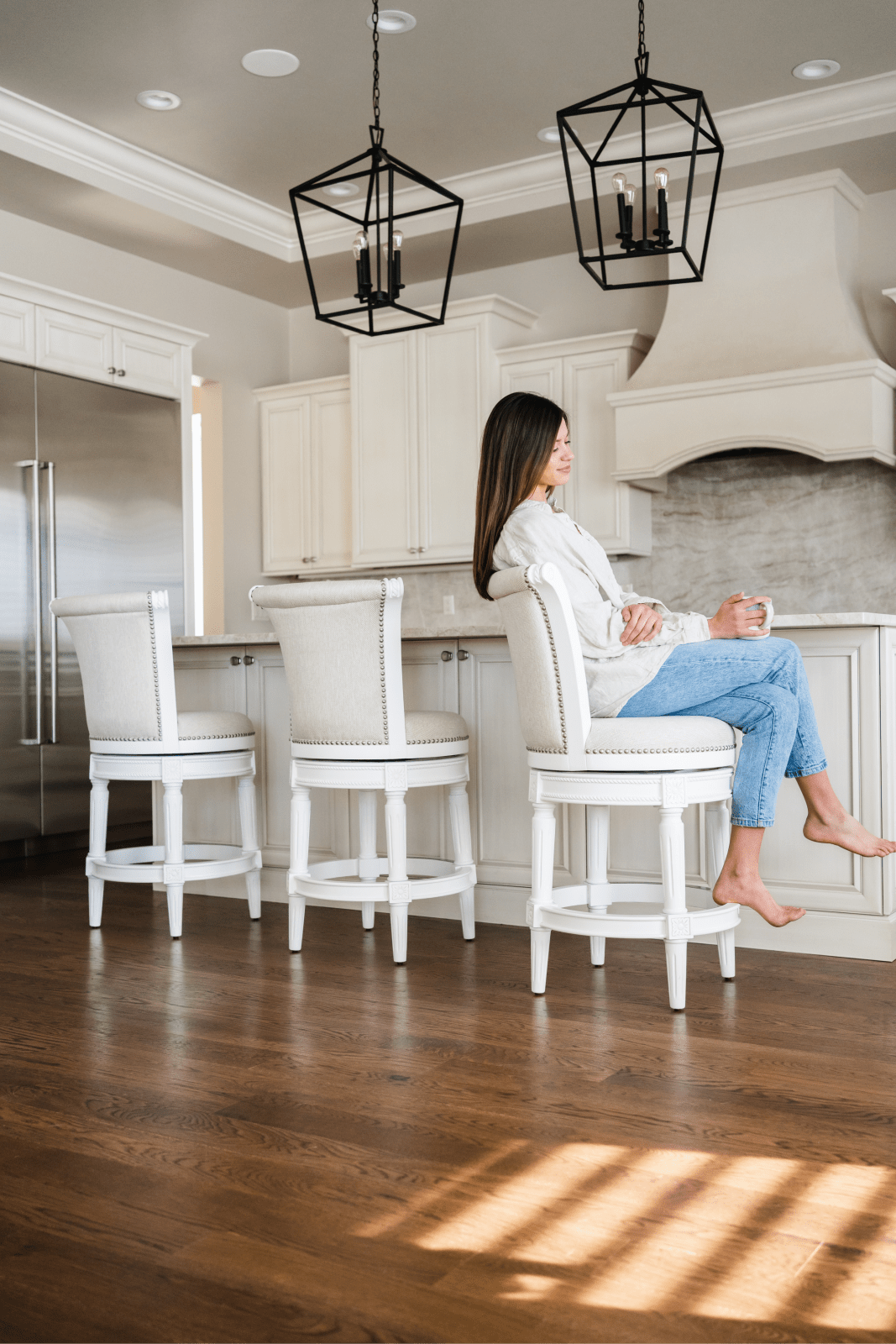 26" Pullman Counter Stool in Alabaster White Finish with Cream Fabric Upholstery in Stools by Maven Lane