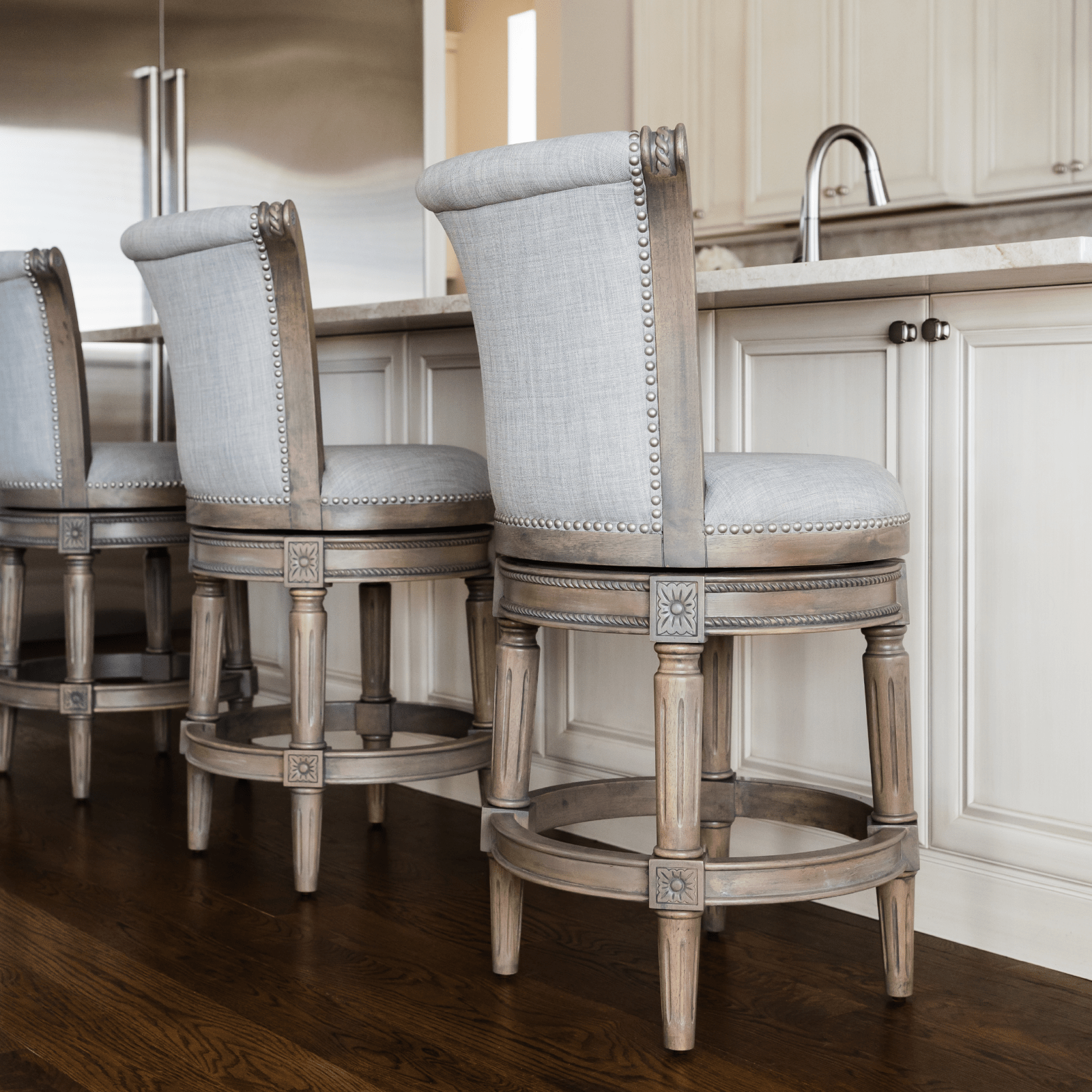26" Pullman Counter Stool in Reclaimed Oak Finish with Ash Grey Fabric Upholstery in Stools by Maven Lane