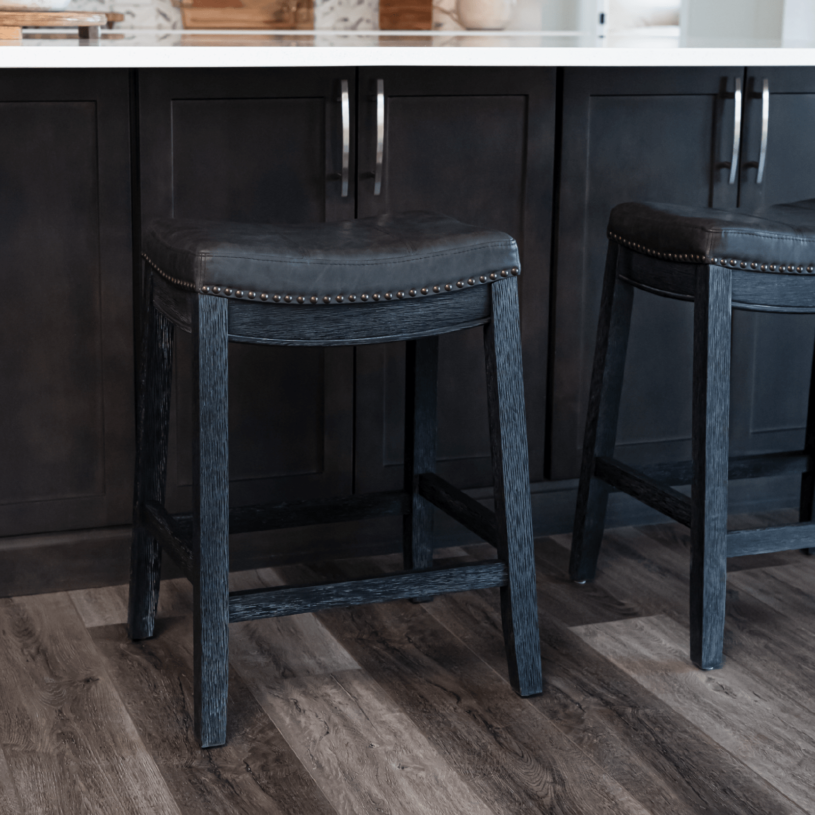 26" Sophia Backless Counter Stool in Aged Black Finish with Charcoal Black Vegan Leather in Stools by Maven Lane