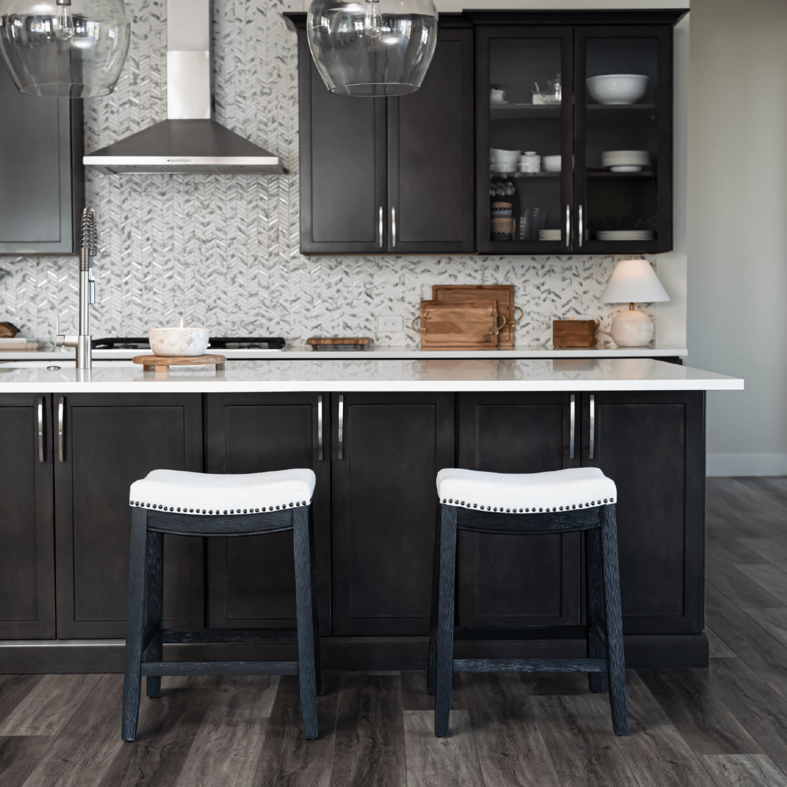 26" Sophia Backless Counter Stool in Aged Black Finish with Snow White Fabric in Stools by Maven Lane