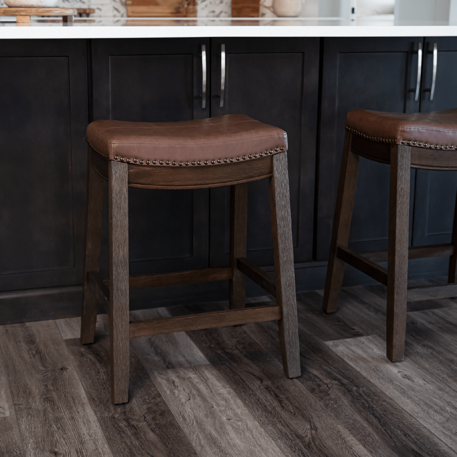 26" Sophia saddle backless counter height kitchen stool - aged brown finish with cocoa brown vegan leather in Stools by Maven Lane