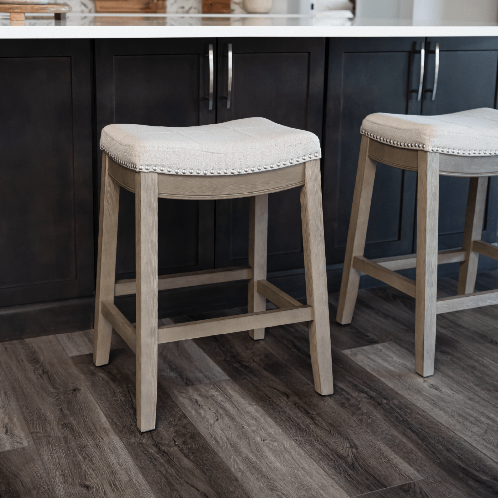 26" Sophia Backless Counter Stool in Aged Grey Finish with Dove Grey Fabric in Stools by Maven Lane