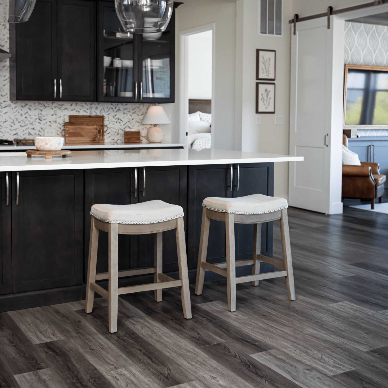 26" Sophia Counter Stool in Grey Finish and Grey Fabric Upholstery (Set of 3) in by Maven Lane