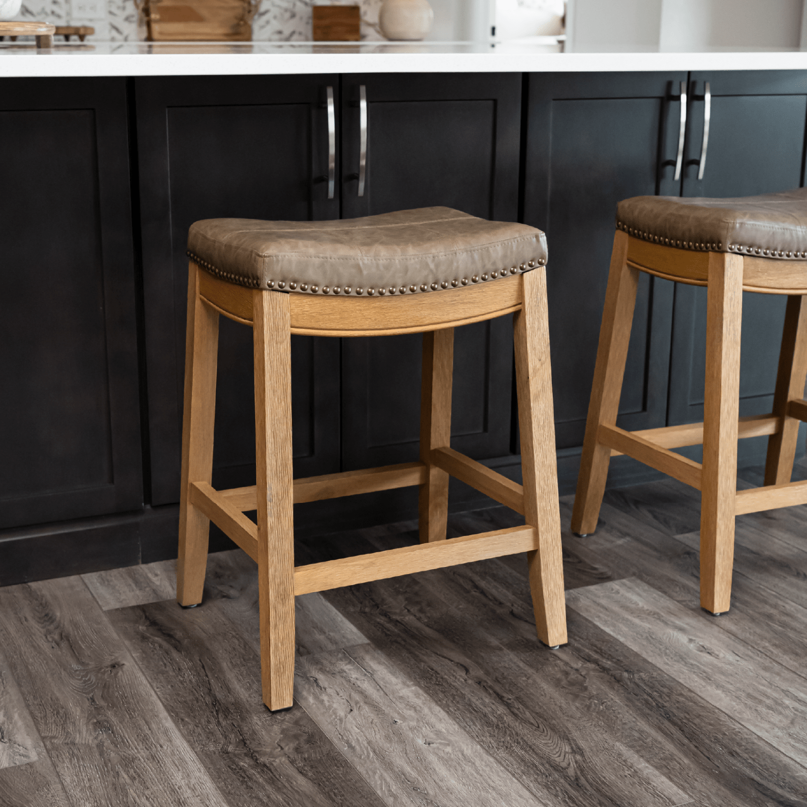 26" Sophia saddle backless counter height kitchen stool - aged natural finish with desert tan vegan leather in Stools by Maven Lane