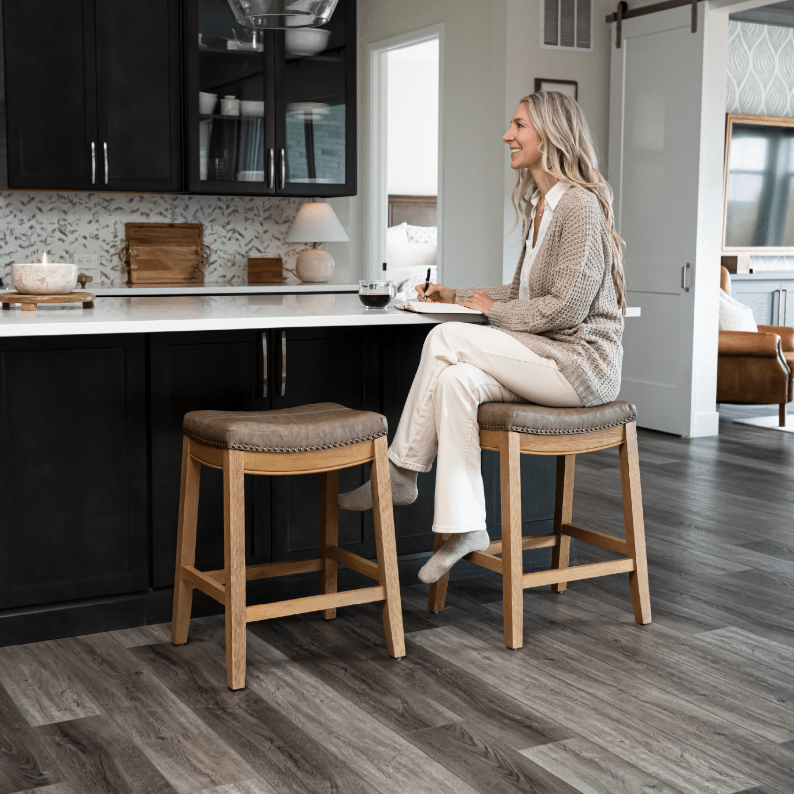 26" Sophia Backless Counter Stool in Aged Natural Finish with Desert Tan Vegan Leather in Stools by Maven Lane