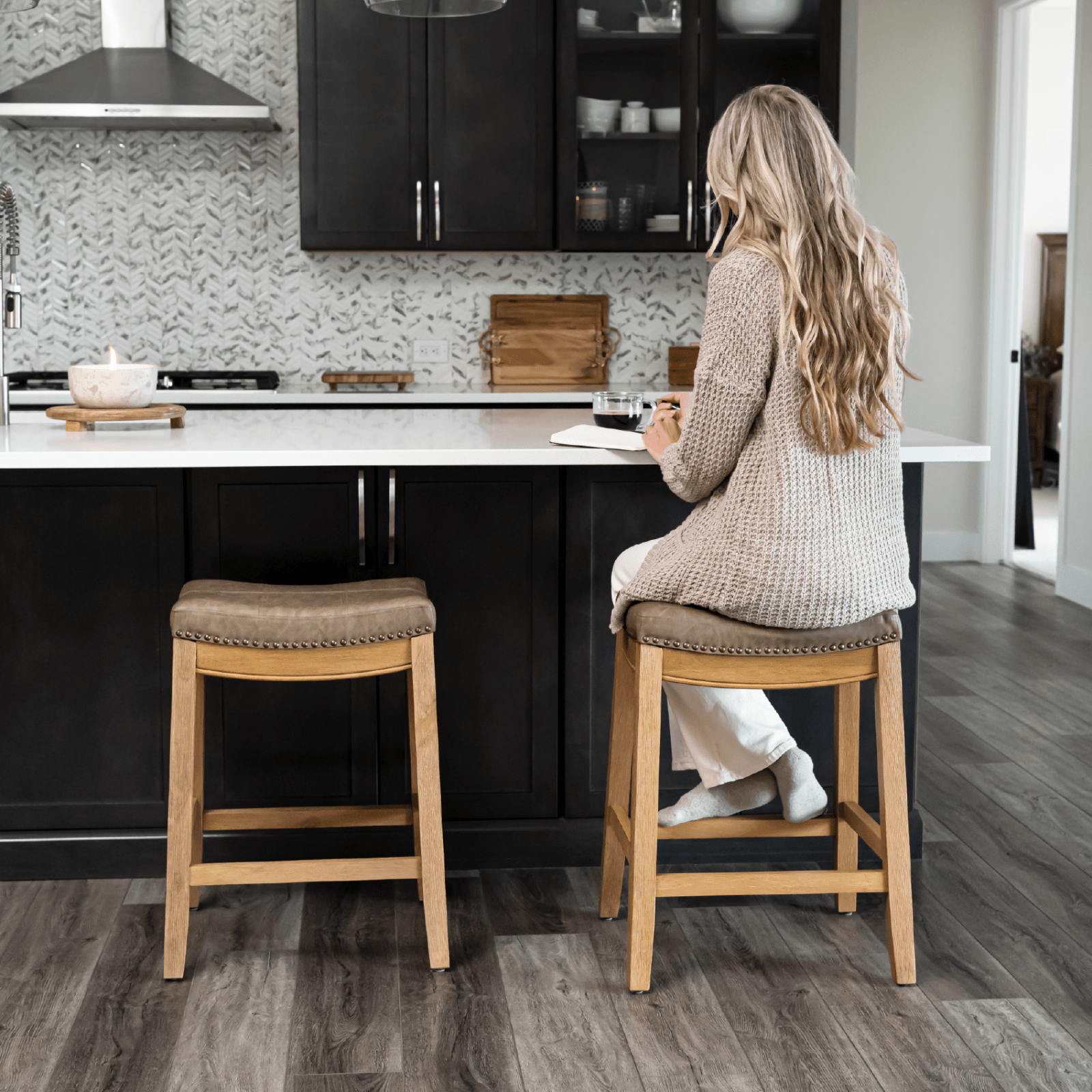 26" Sophia Backless Counter Stool in Aged Natural Finish with Desert Tan Vegan Leather in Stools by Maven Lane
