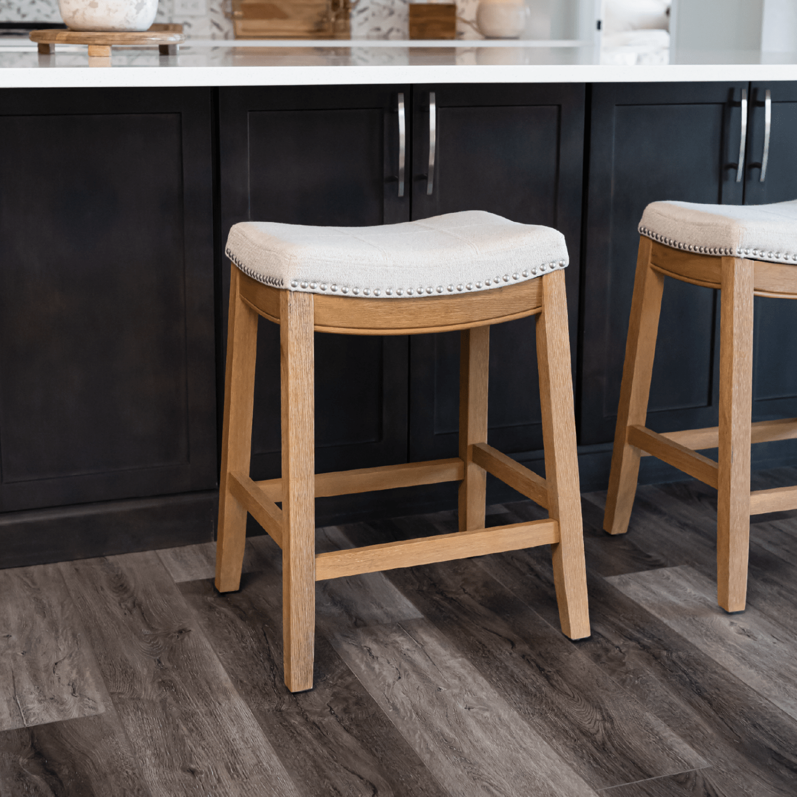 26" Sophia Backless Counter Stool in Aged Natural Finish with Light Beige Fabric in Stools by Maven Lane