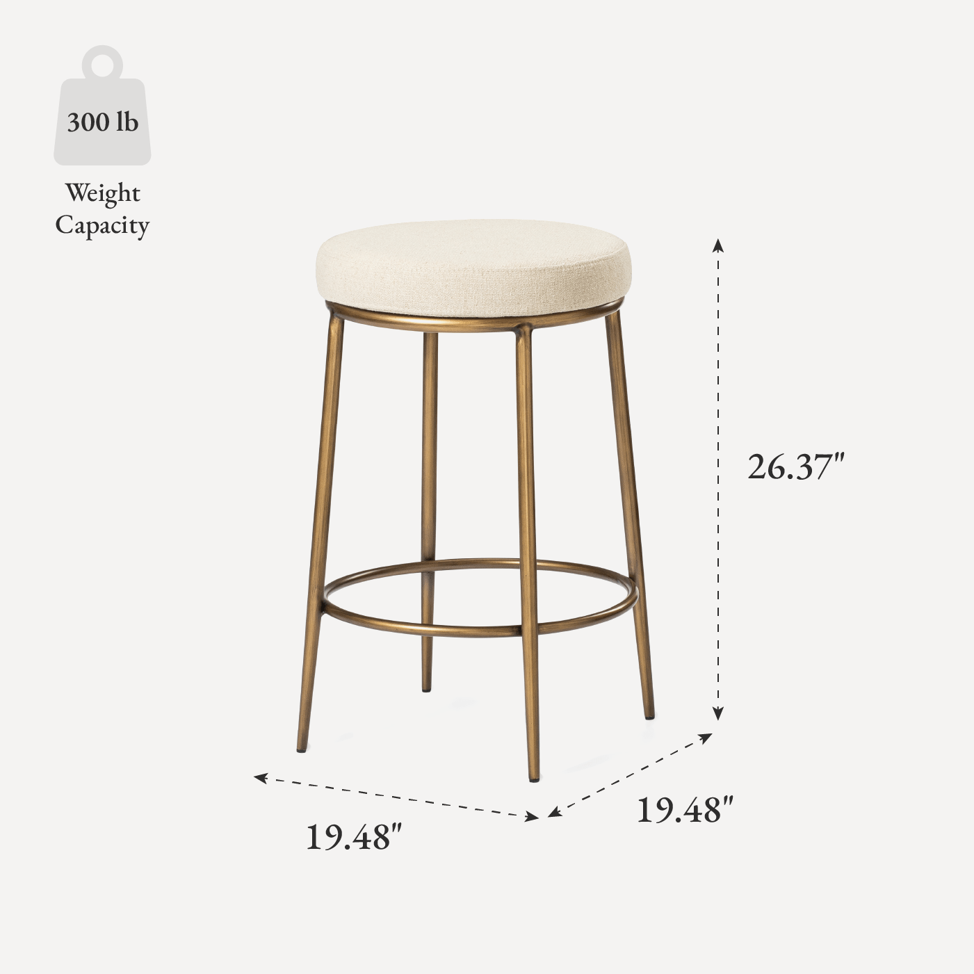 26" Stella Counter Stool in Antique Brass Finish with Light Beige Fabric Upholstery in Maven Lane by Maven Lane