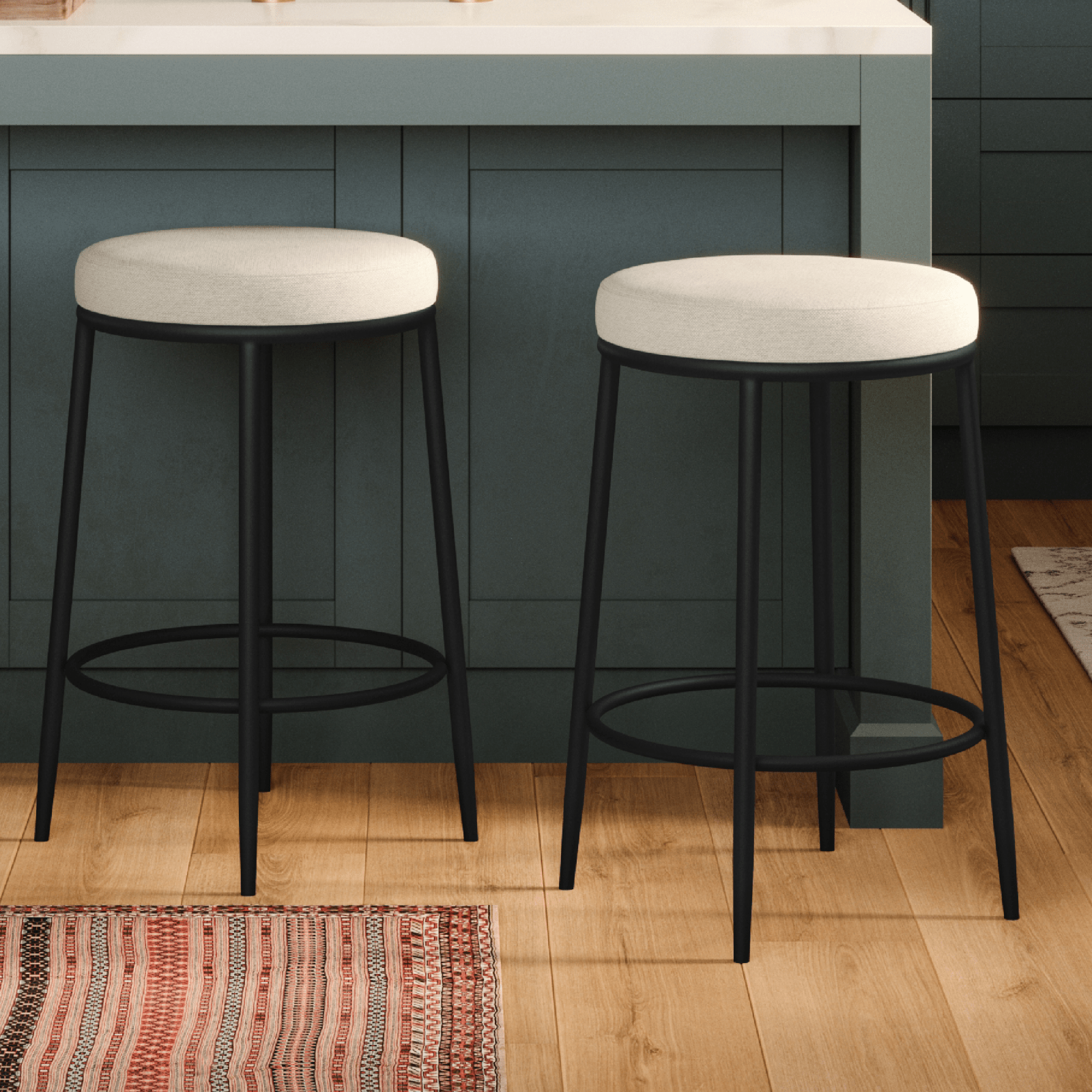 26" Stella Counter Stool in Matte Black Finish with Snow White Fabric Upholstery in Maven Lane by Maven Lane