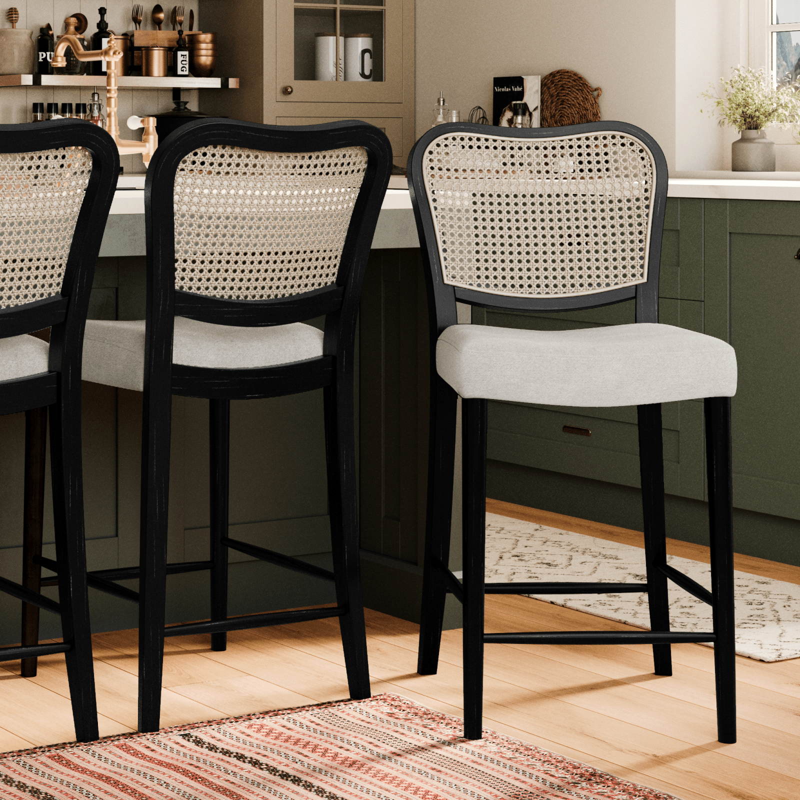 26" Vera Counter Stool in Aged Black with Snow White Upholstery in Maven Lane by Maven Lane