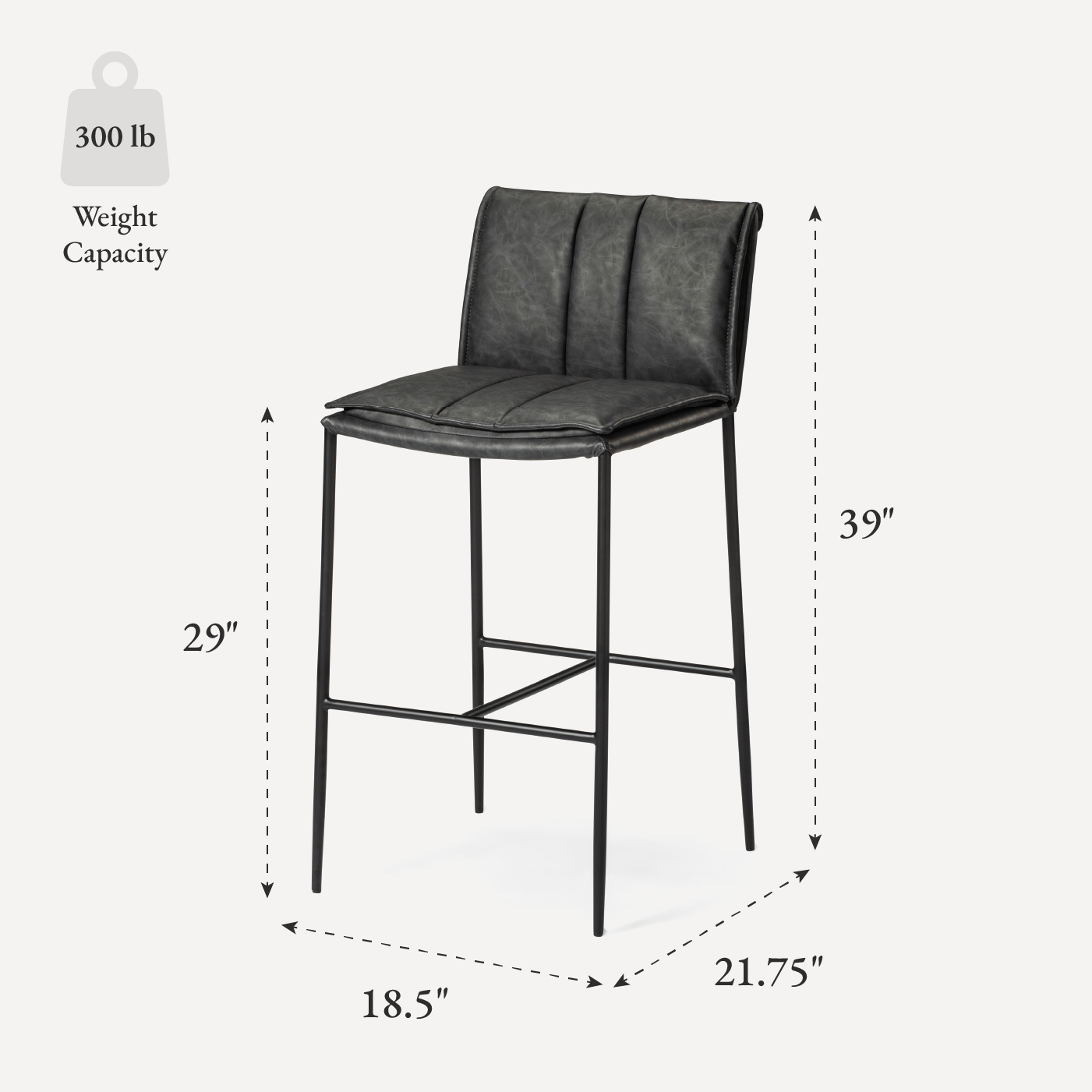 29" Gerard Bar Stool in Matte Black Finish with Charcoal Black Vegan Leather in Maven Lane by Maven Lane