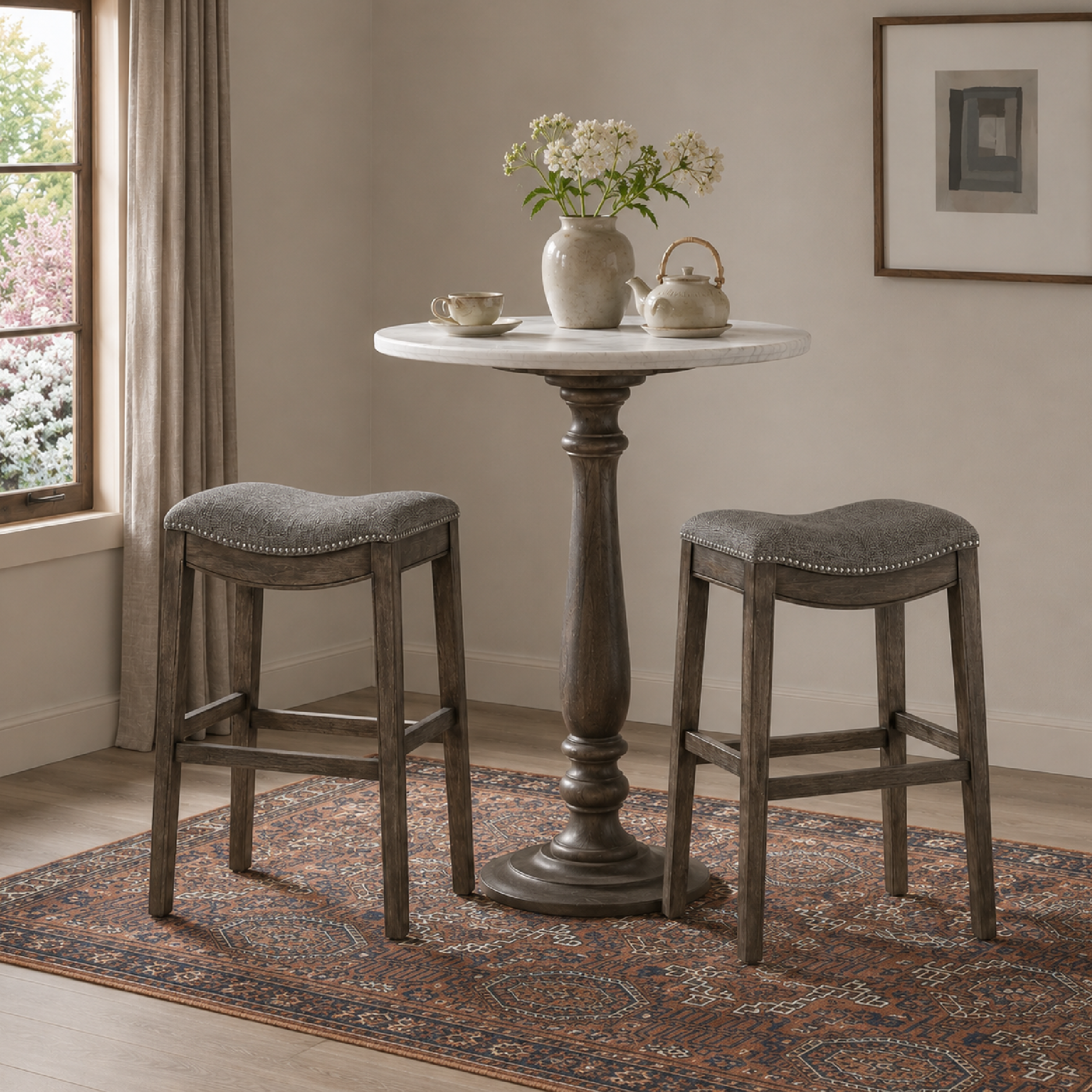 Adrien Saddle Bar Stool in Brown Finish with Grey Fabric in Stools by Maven Lane