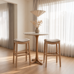 Adrien Saddle Bar Stool in Natural Finish with Light Grey Fabric in Stools by Maven Lane