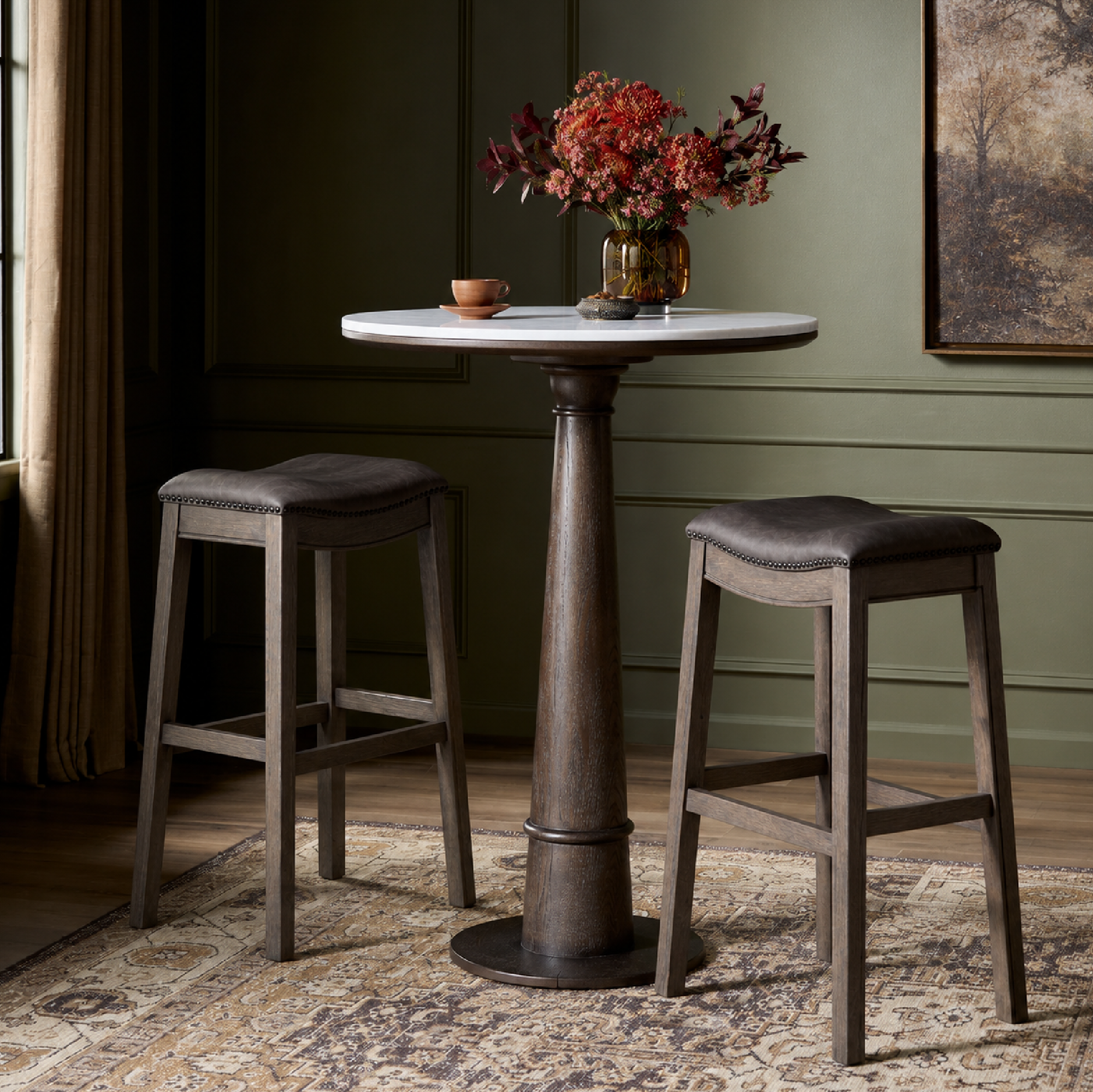 Adrien Saddle Bar Stool in Grey Finish with Grey Faux Leather in Stools by Maven Lane