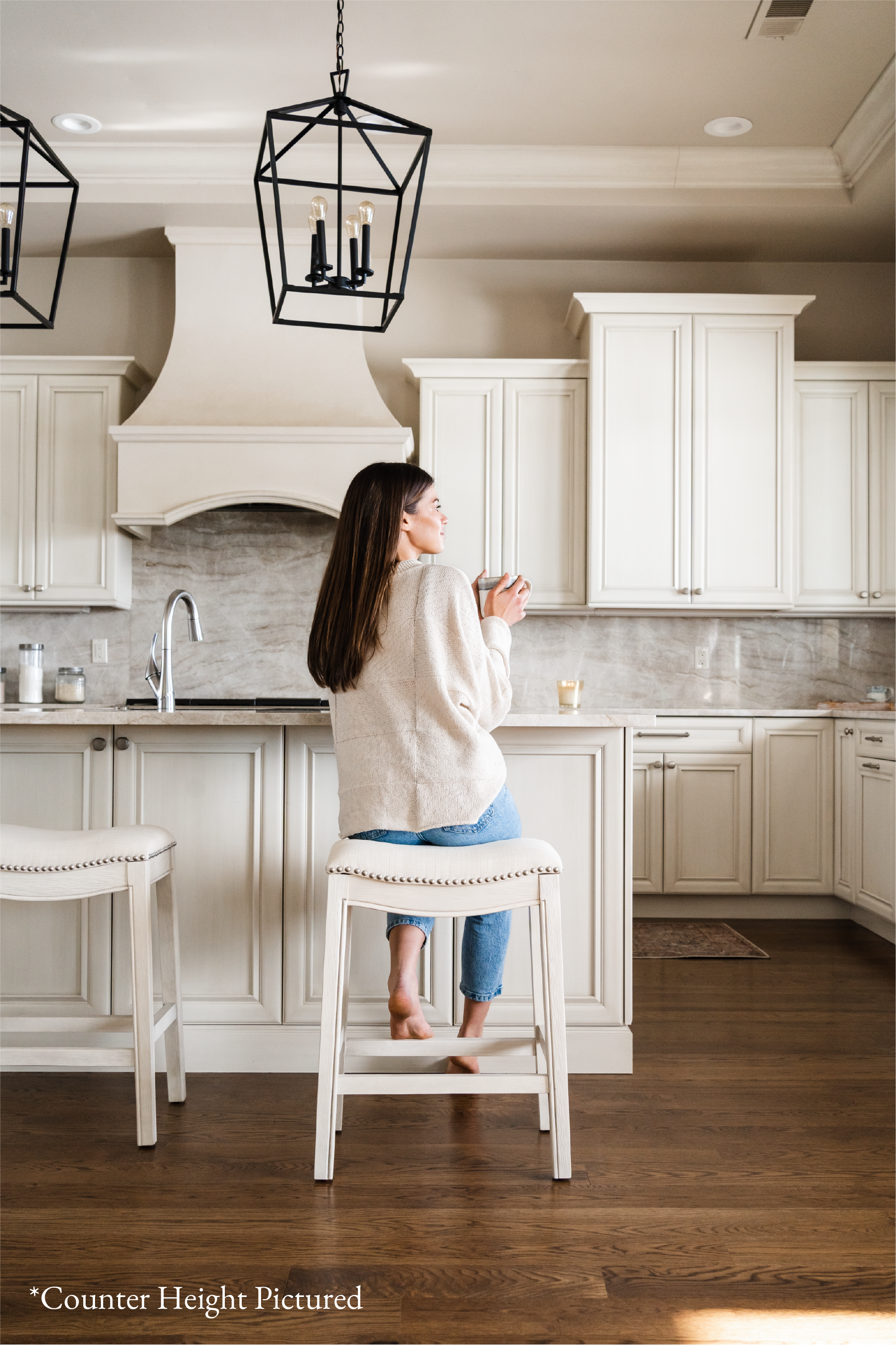 Adrien Saddle Bar Stool In White Oak Finish With Natural Fabric Upholstery in Stools by Maven Lane