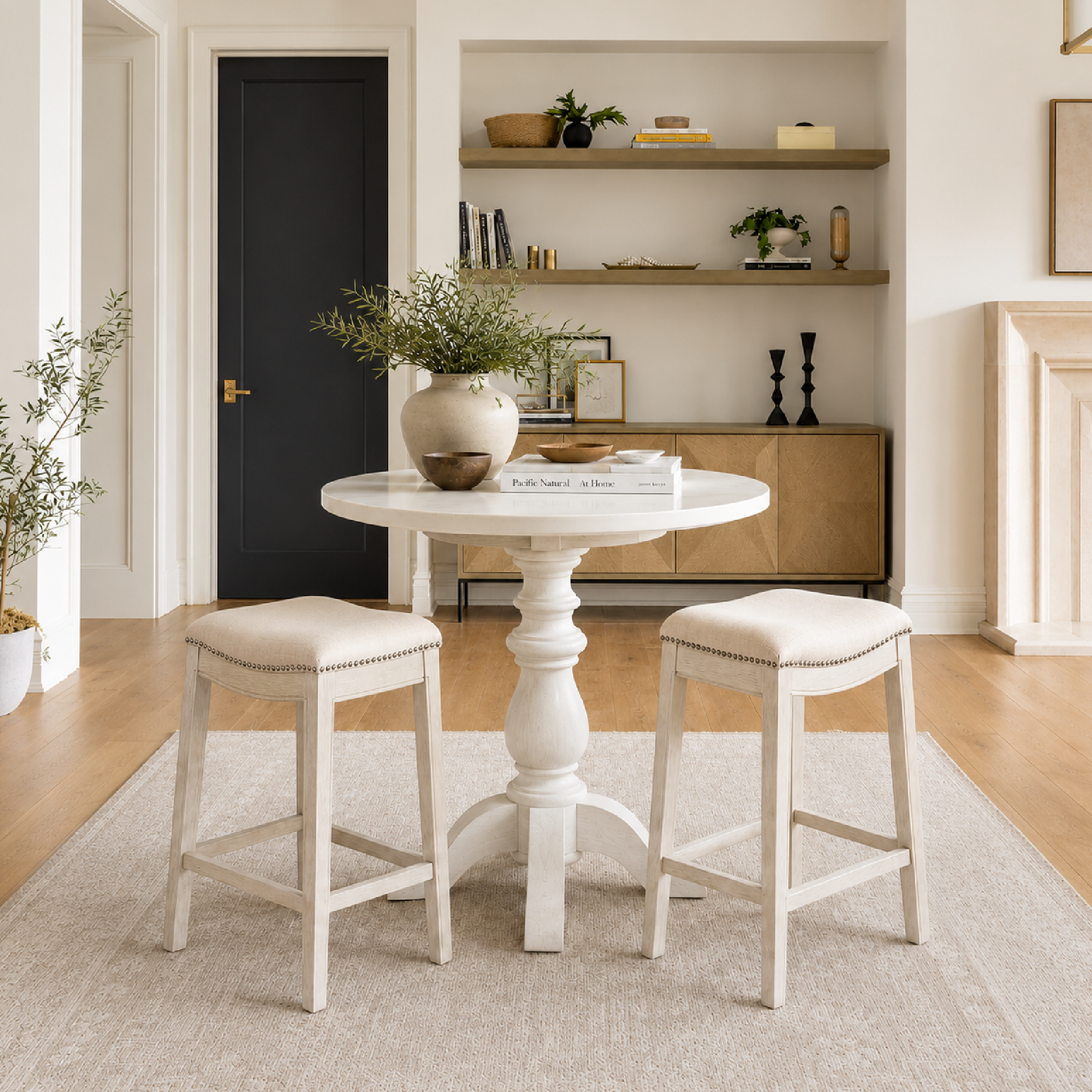 Adrien Saddle Bar Stool in Cream Finish and Cream Fabric