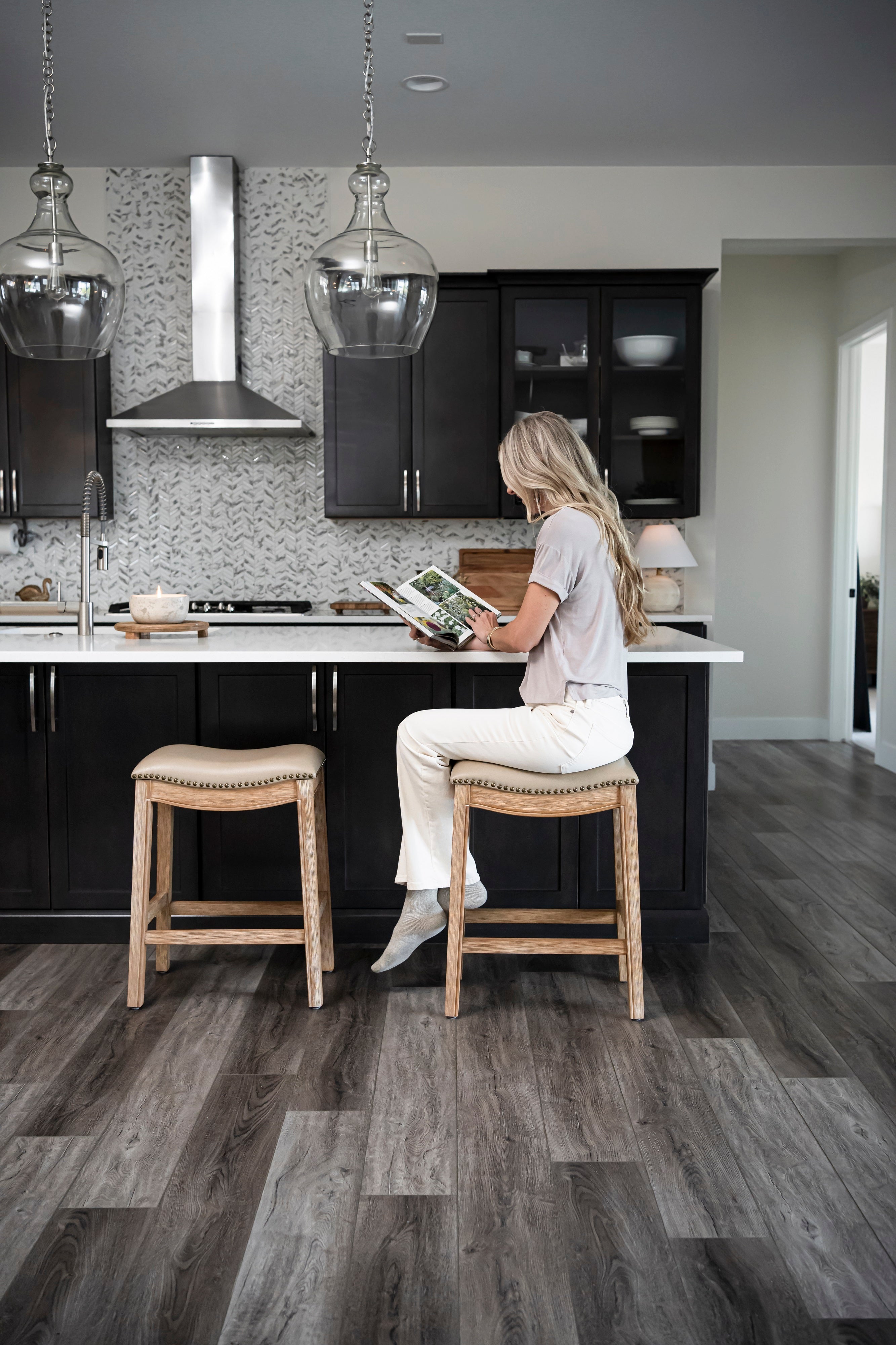 Adrien Saddle Counter Height Kitchen Stool - Weathered Oak Finish with Avanti Bone Vegan Leather