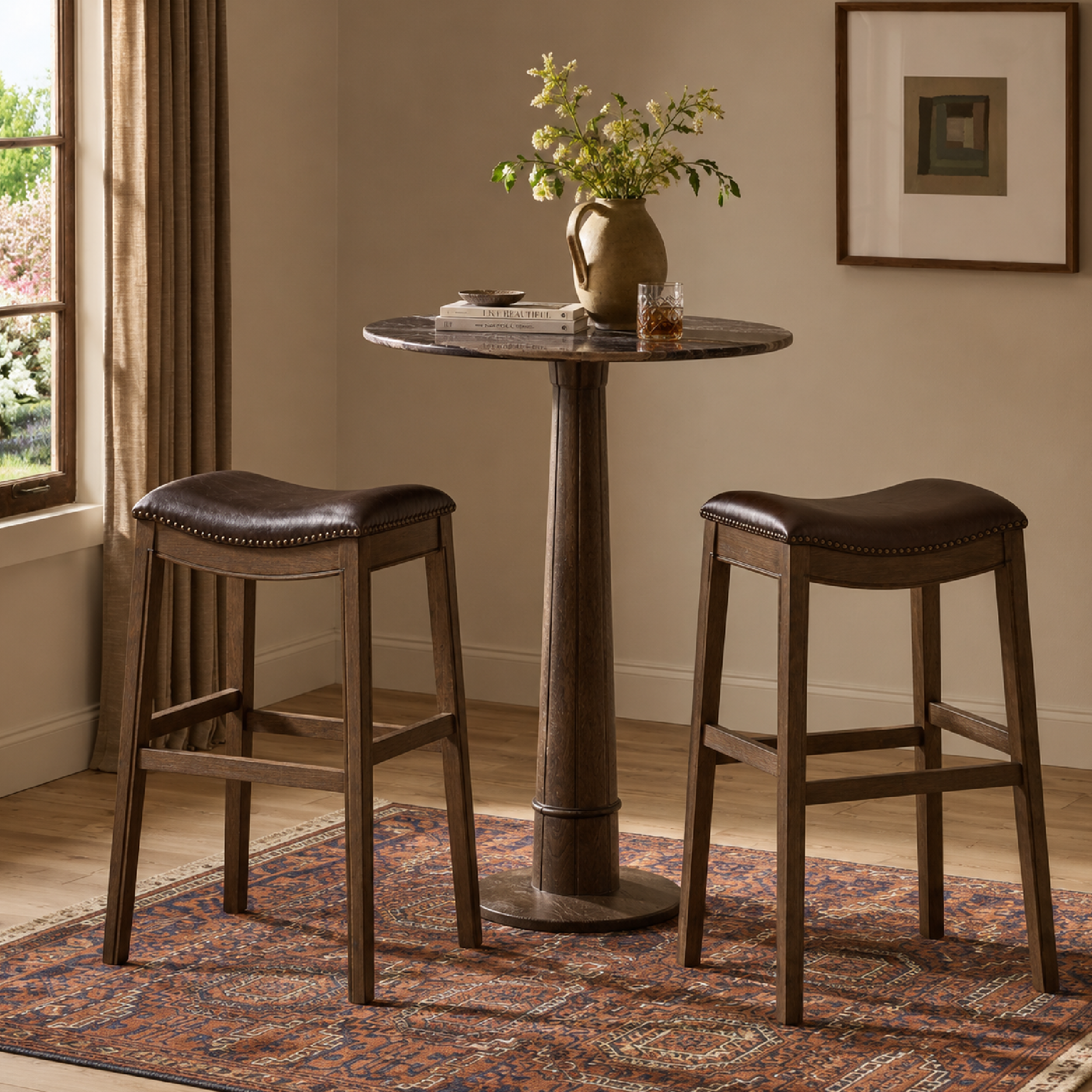 Adrien Saddle Bar Stool in Brown Finish with Dark Brown Faux Leather in Stools by Maven Lane