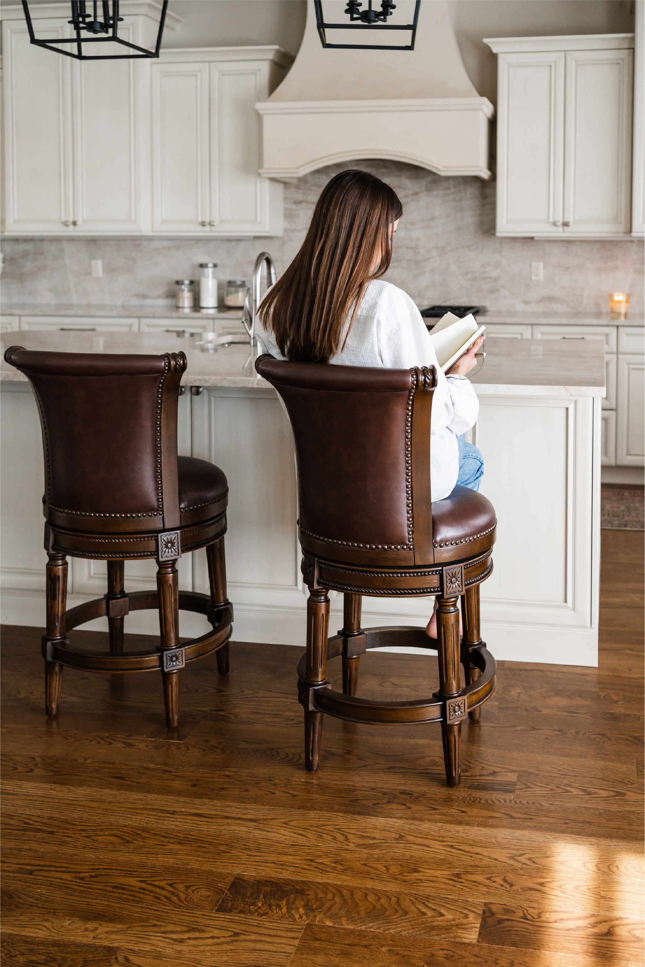 Pullman Counter Stool in Dark Walnut Finish with Vintage Brown Vegan Leather