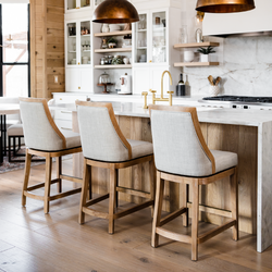 Vienna Swivel Counter Stool in Light Brown Finish with Natural Fabric in Stools by Maven Lane