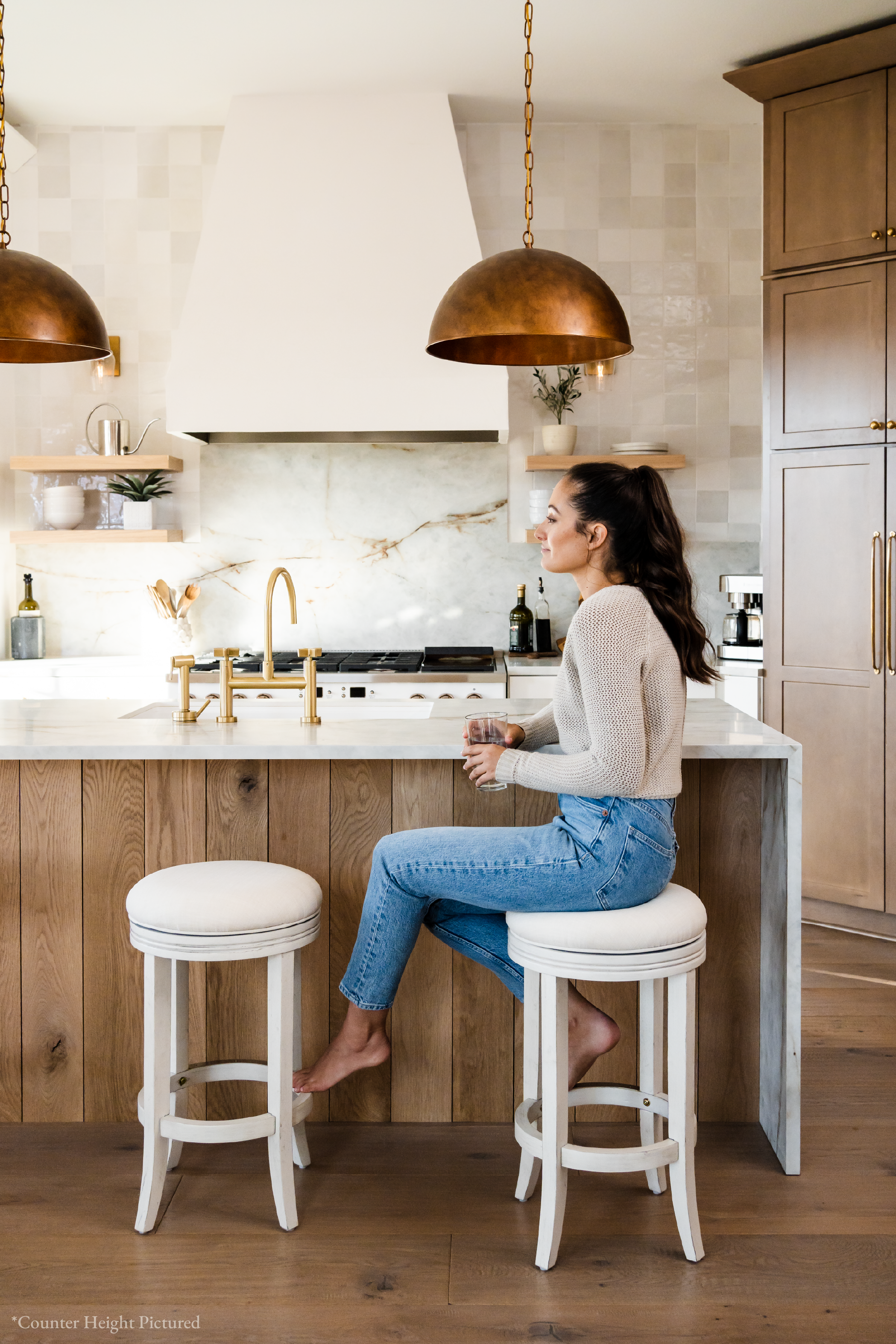Eva Swivel Bar Stool in White Oak Finish with Natural Fabric Upholstery in Stools by Maven Lane