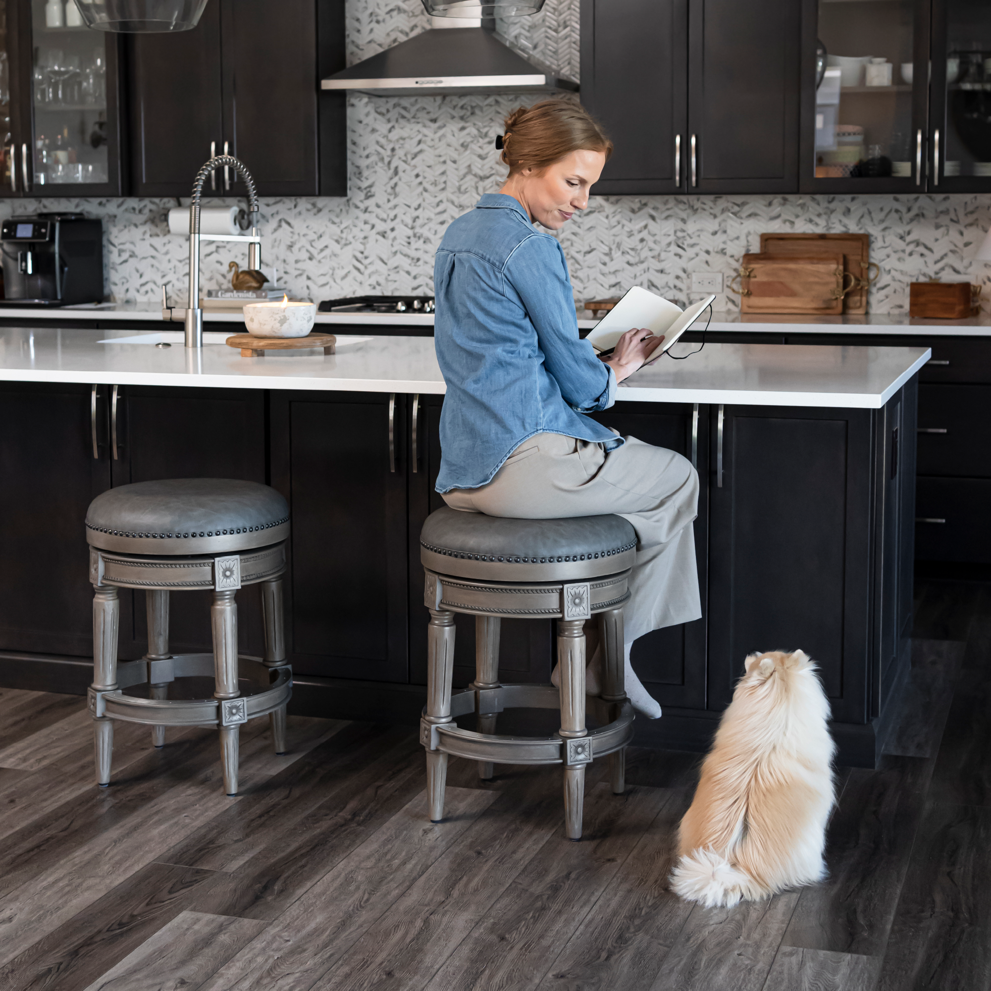Pullman Backless Counter Stool in Grey Finish with Grey Faux Leather in Stools by Maven Lane
