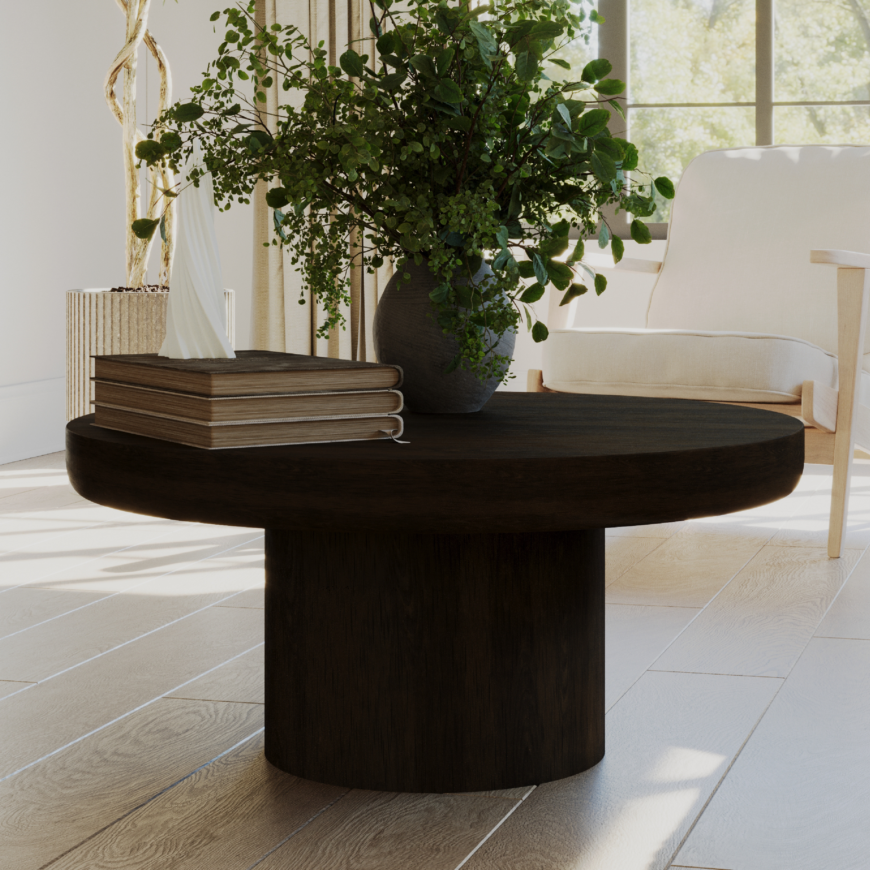 Owen Rustic Circular Wooden Coffee Table In Aged Brown in Maven Lane by Maven Lane