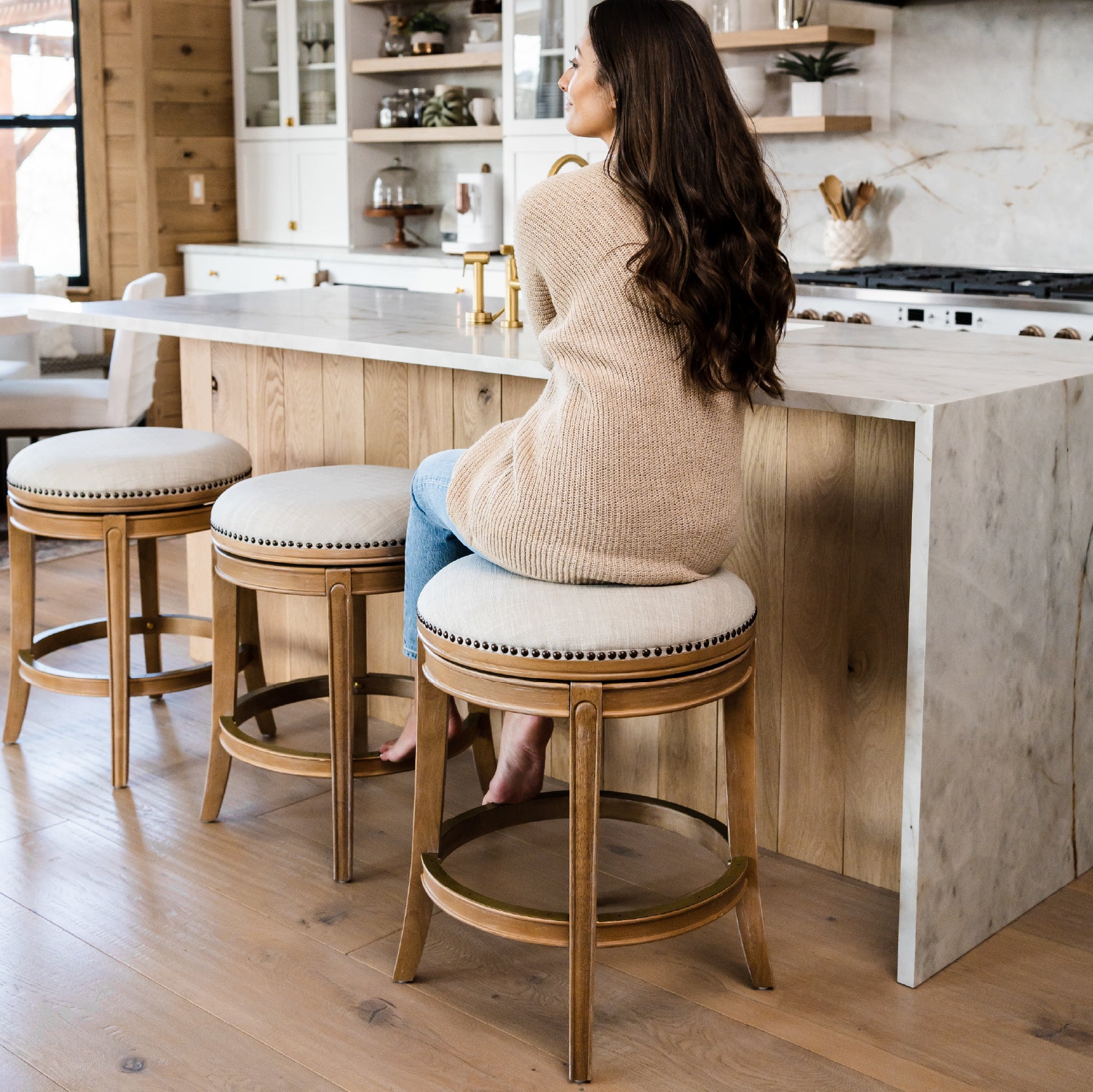 26" Alexander Backless Counter Stool in Weathered Oak Finish with Sand Color Fabric Upholstery in Stools by Maven Lane