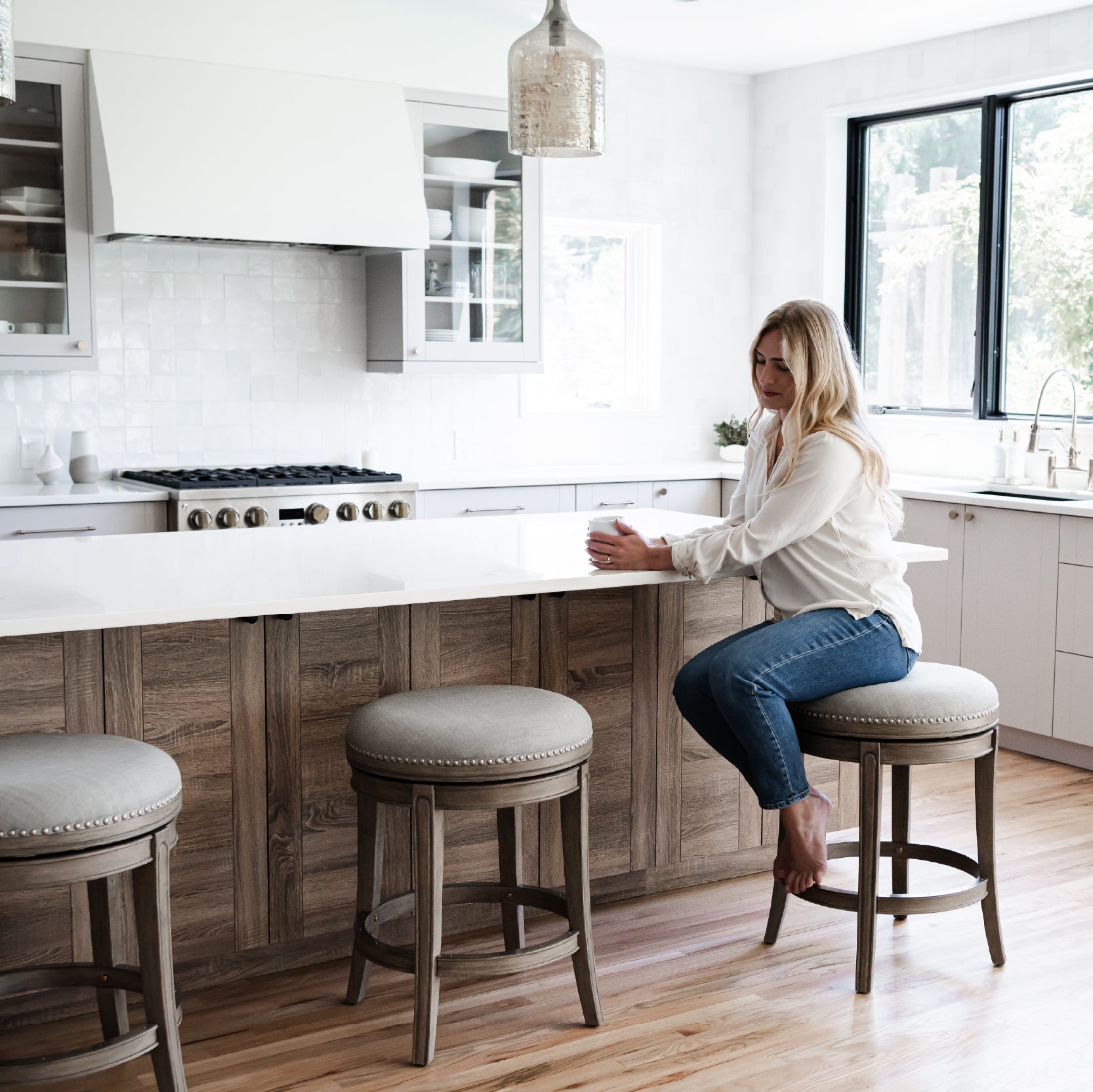 26" Alexander Backless Counter Stool in Grey Finish with Grey Fabric Upholstery in Stools by Maven Lane