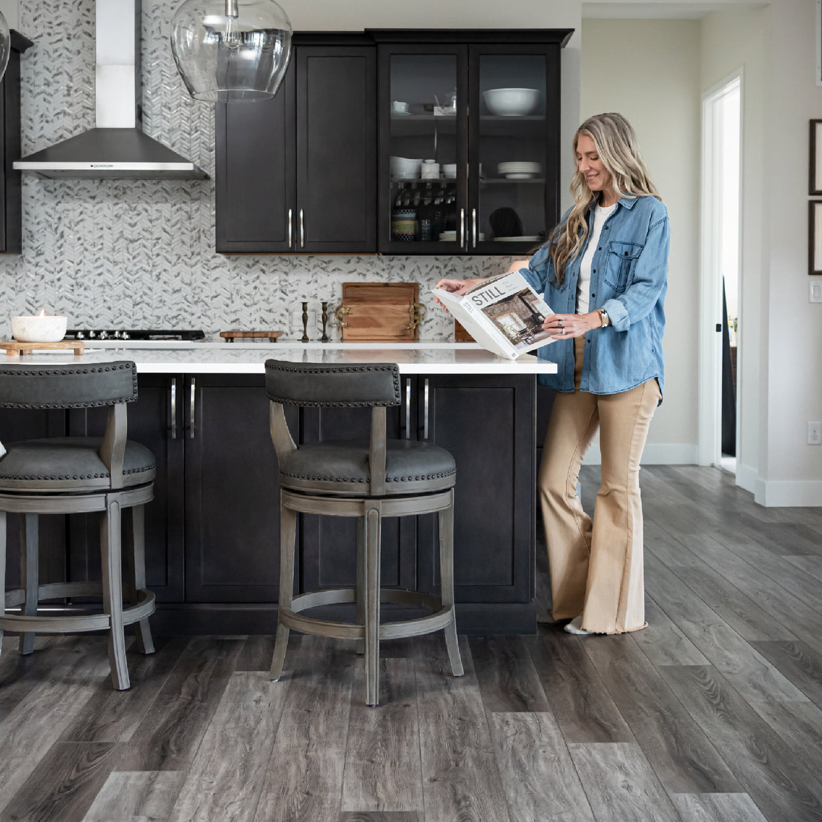 Alexander Counter Stool in Grey Finish with Grey Faux Leather Upholstery in Stools by Maven Lane