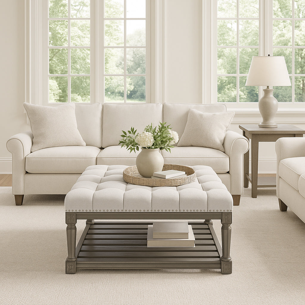 19" Mesa Square Upholstered Coffee Table in Grey Finish with Grey Fabric in Coffee Table by Maven Lane
