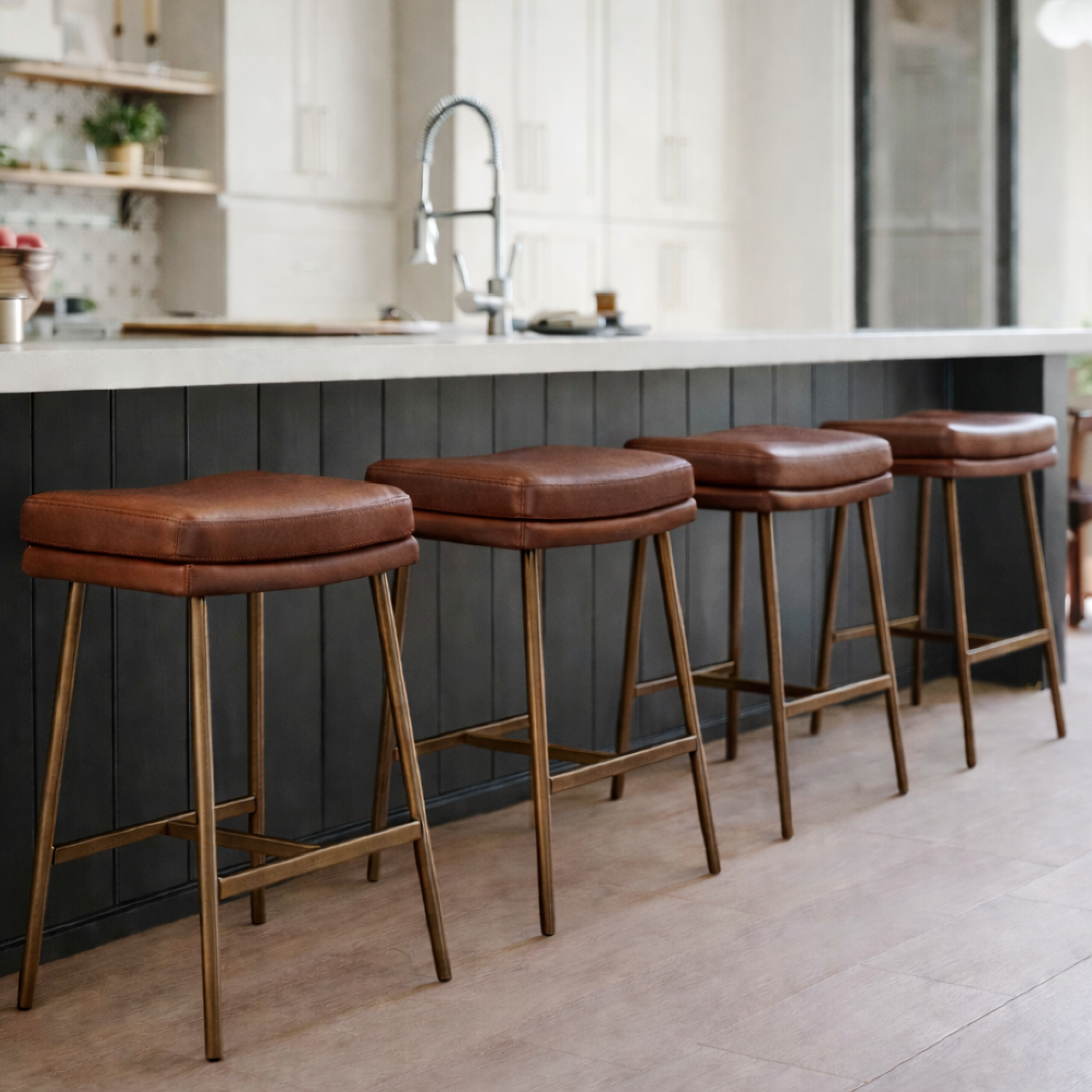 Berkley Counter Height Saddle Stool – Brown Faux Leather & Aged Gold in Maven Lane by Maven Lane
