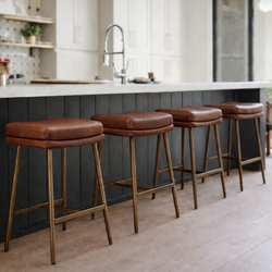 Berkley Counter Height Saddle Stool – Brown Faux Leather & Aged Gold in Maven Lane by Maven Lane