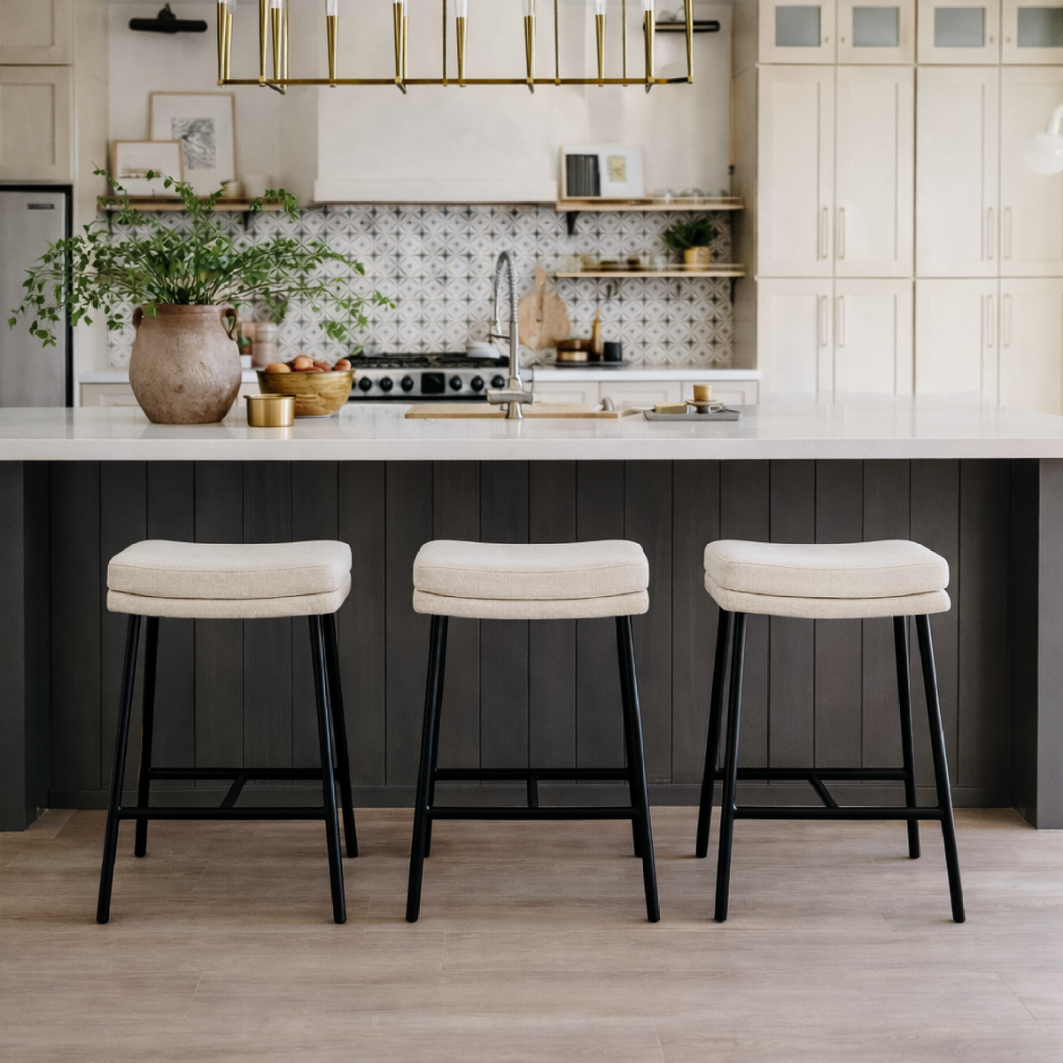 Berkley Counter Height Saddle Stool – Beige Fabric & Matte Black in Maven Lane by Maven Lane