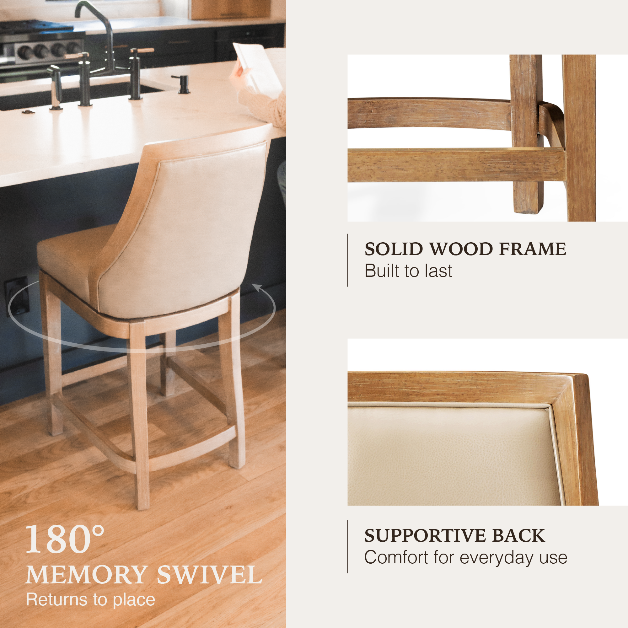 Vienna Swivel Counter Stool in Light Brown Finish with Beige Faux Leather in Stools by Maven Lane