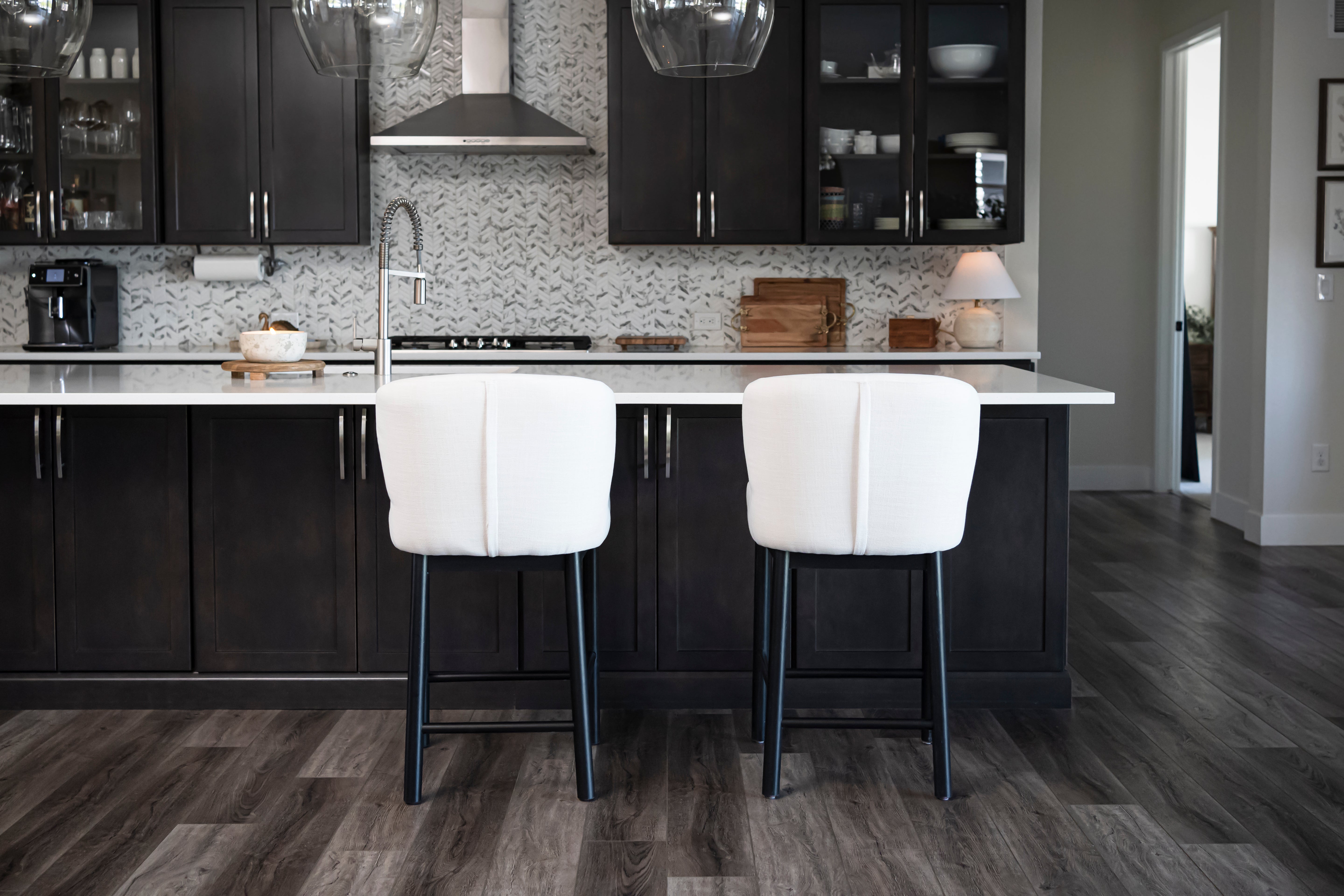 Gia Counter Height Kitchen Stool - Aged Black Finish with Dove Weave Fabric