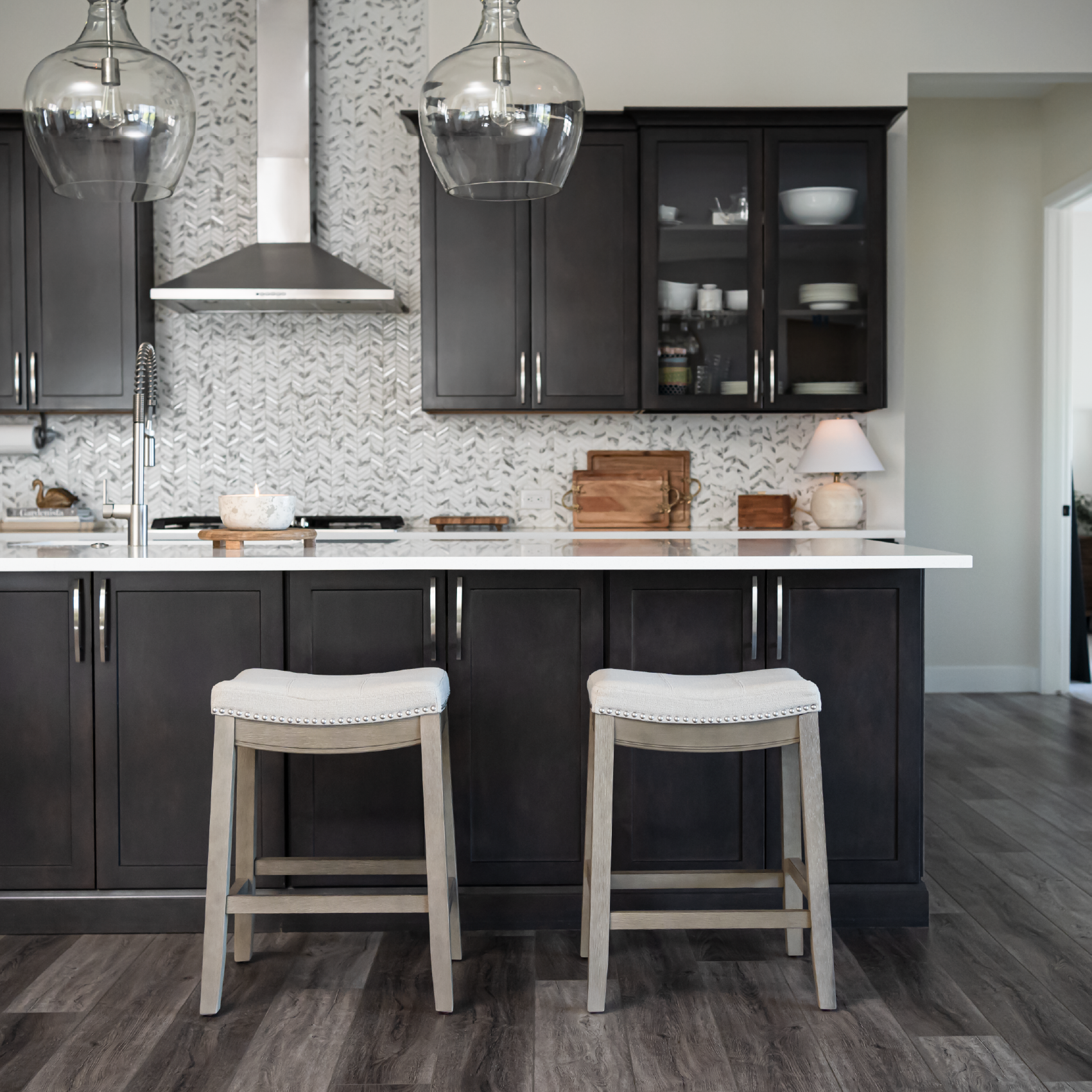 Sophia Saddle Backless Counter Height Kitchen Stool - Aged Grey Finish with Dove Grey Fabric in Stools by Maven Lane
