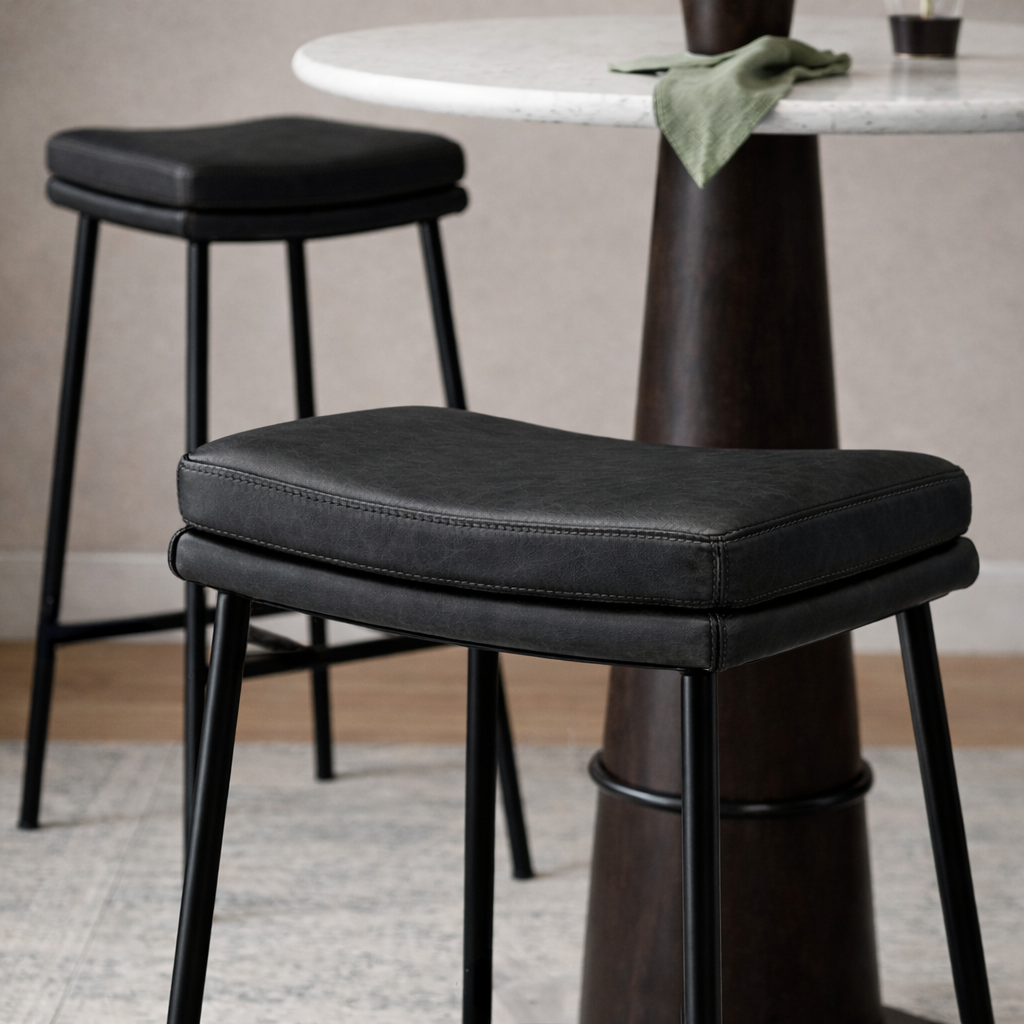 Berkley Bar Height Saddle Stool – Charcoal Faux Leather & Matte Black in Maven Lane by Maven Lane