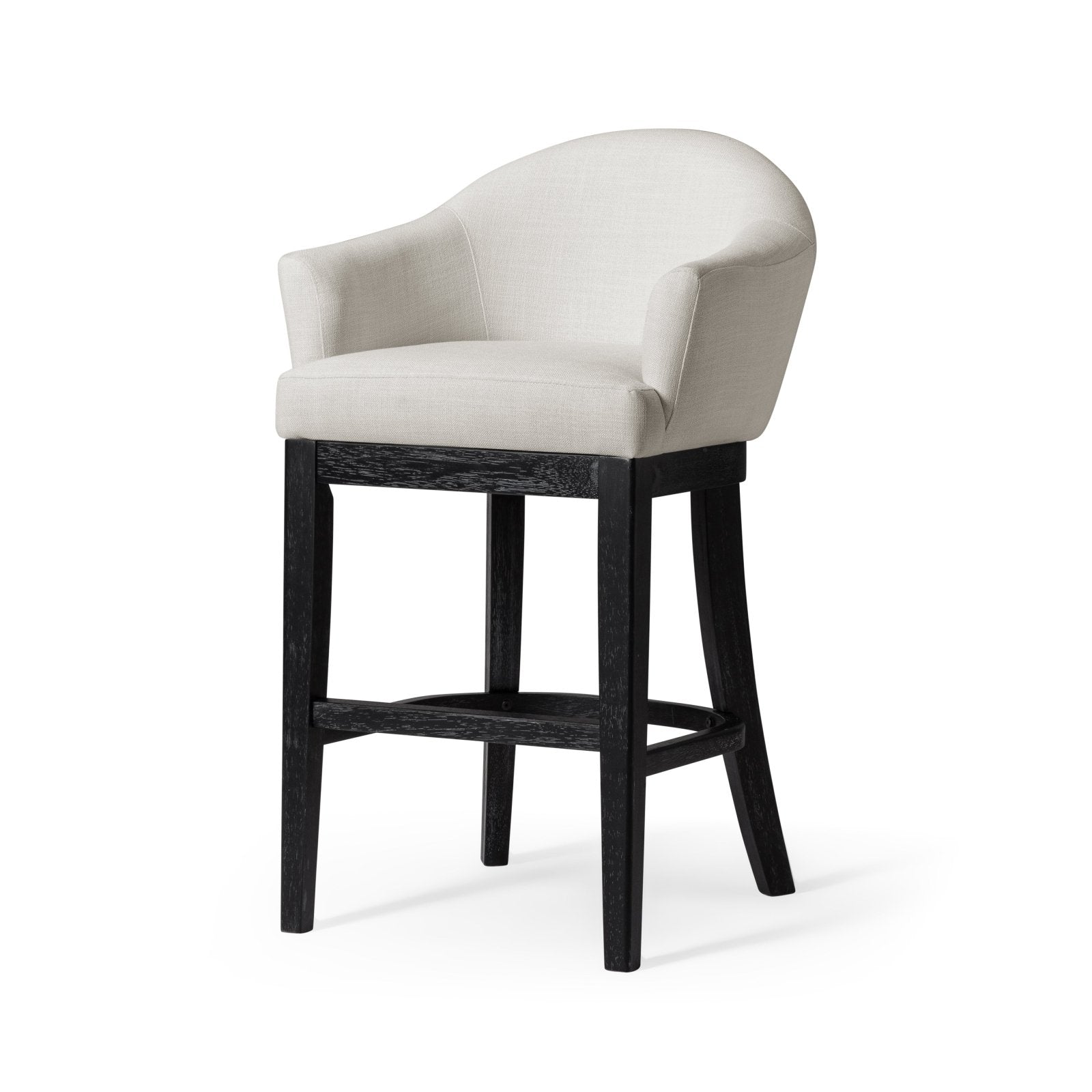 30" Isabella Swivel Bar Stool in Aged Black Finish with Snow White Fabric in Maven Lane by Maven Lane