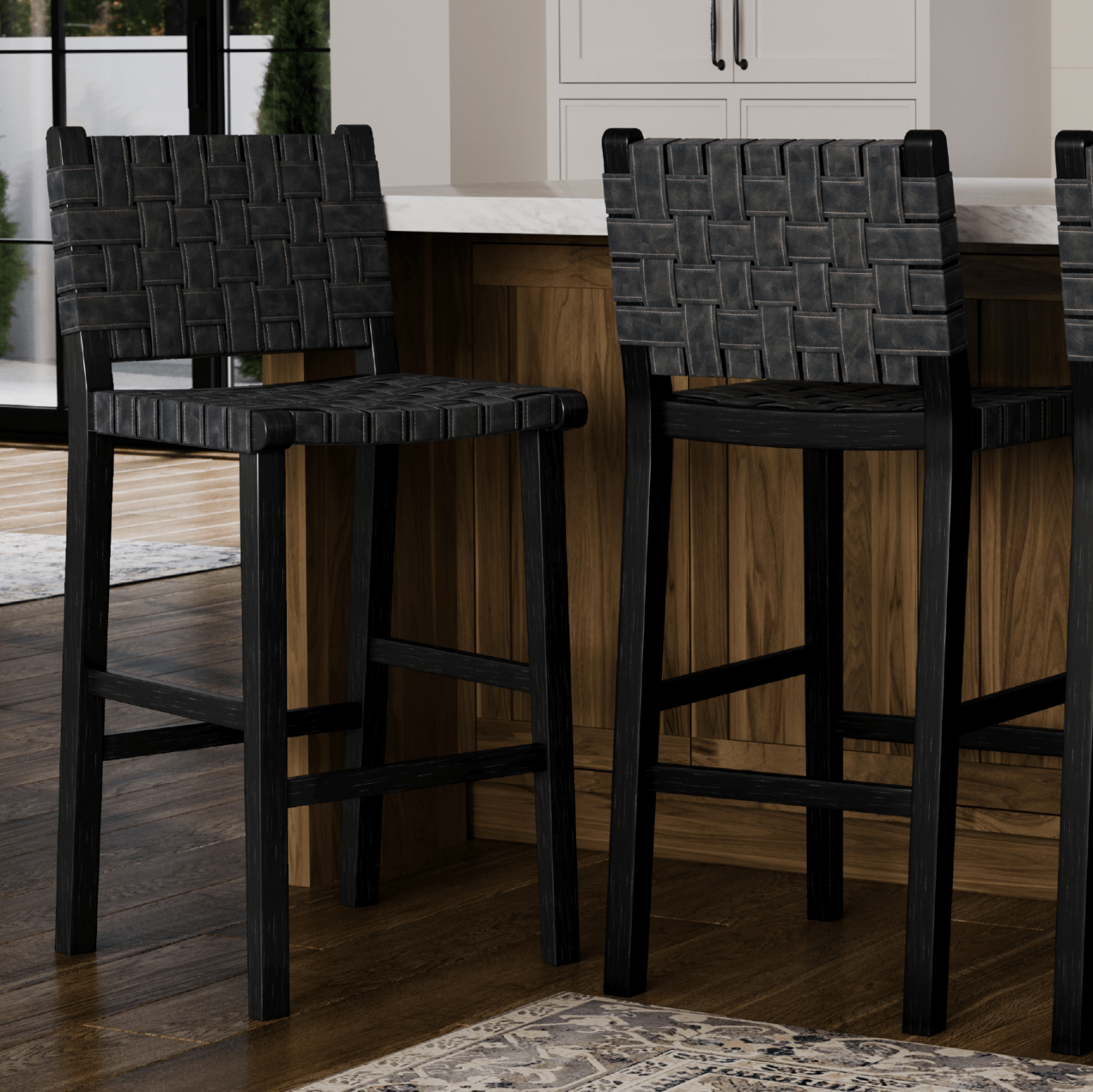 30" Noah Bar Stool in Aged Black Finish with Charcoal Black Vegan Leather in Stools by Maven Lane
