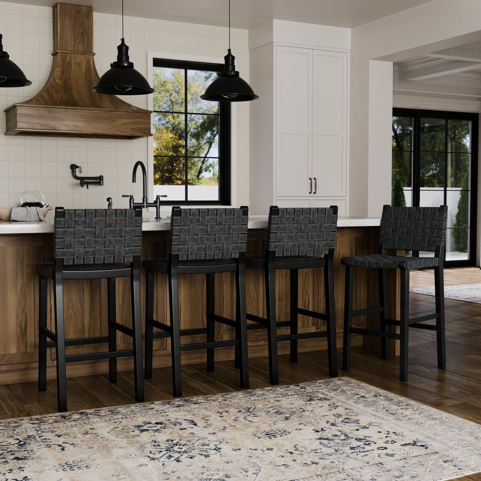 30" Noah Bar Stool in Aged Black Finish with Charcoal Black Vegan Leather in Stools by Maven Lane
